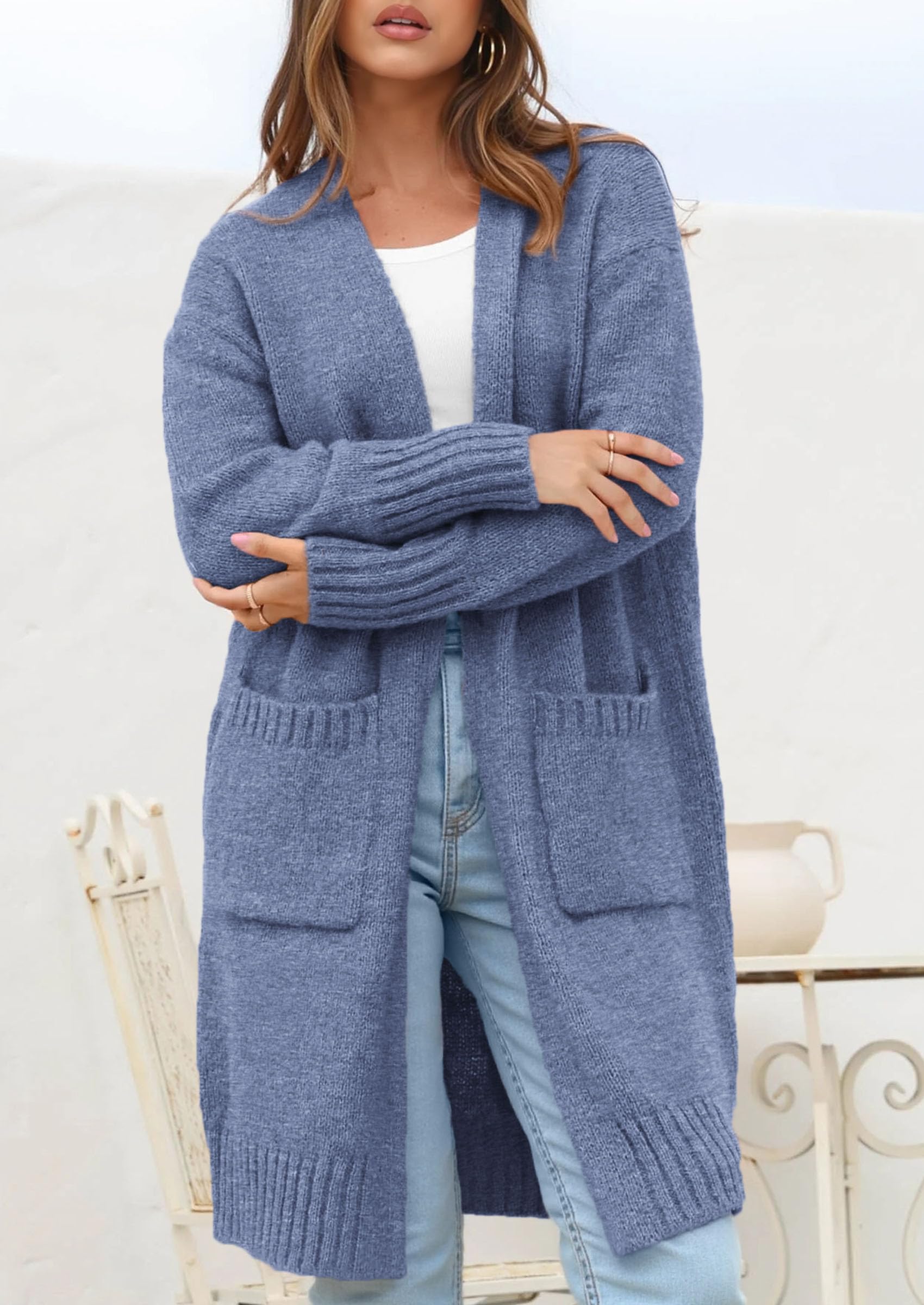 Open Front Cardigan Sweaters for Women,Grey Blue,S