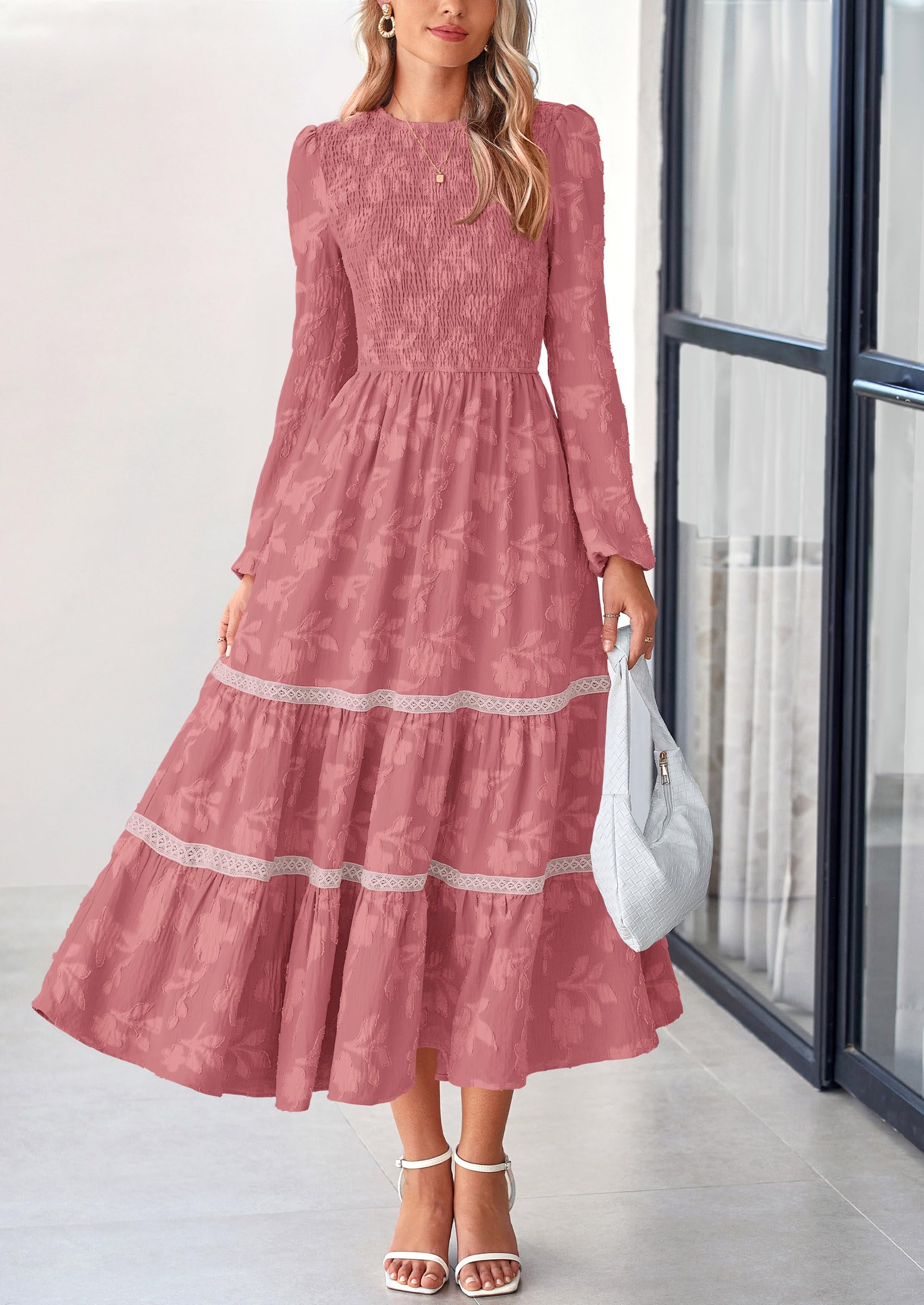 Women's Long Sleeve Boho Floral Midi Dress, Bean Paste Pink,S