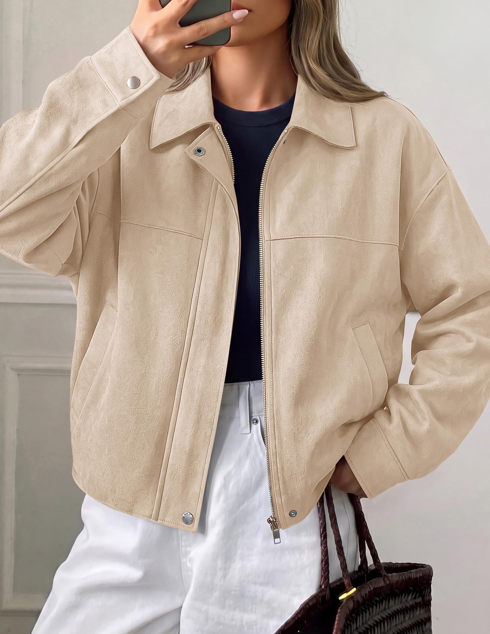 Women's Faux Suede Cropped Fall Jackets,Beige,S