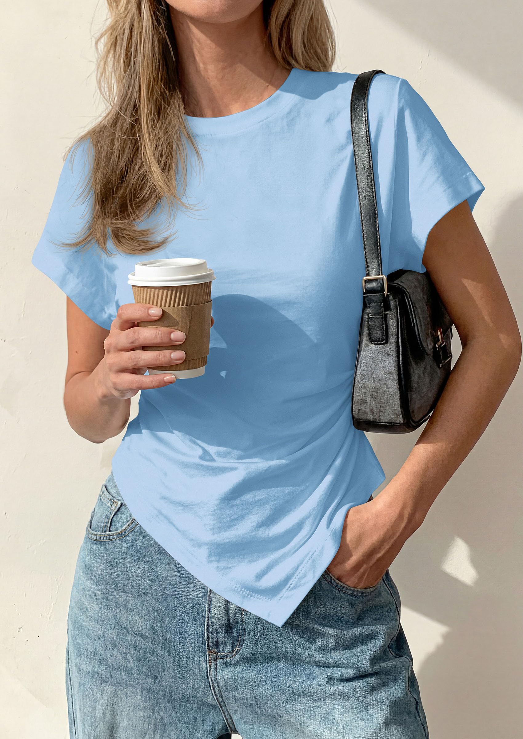 Womens Asymmetrical Summer Short Sleeve Tops,Light Blue,XS
