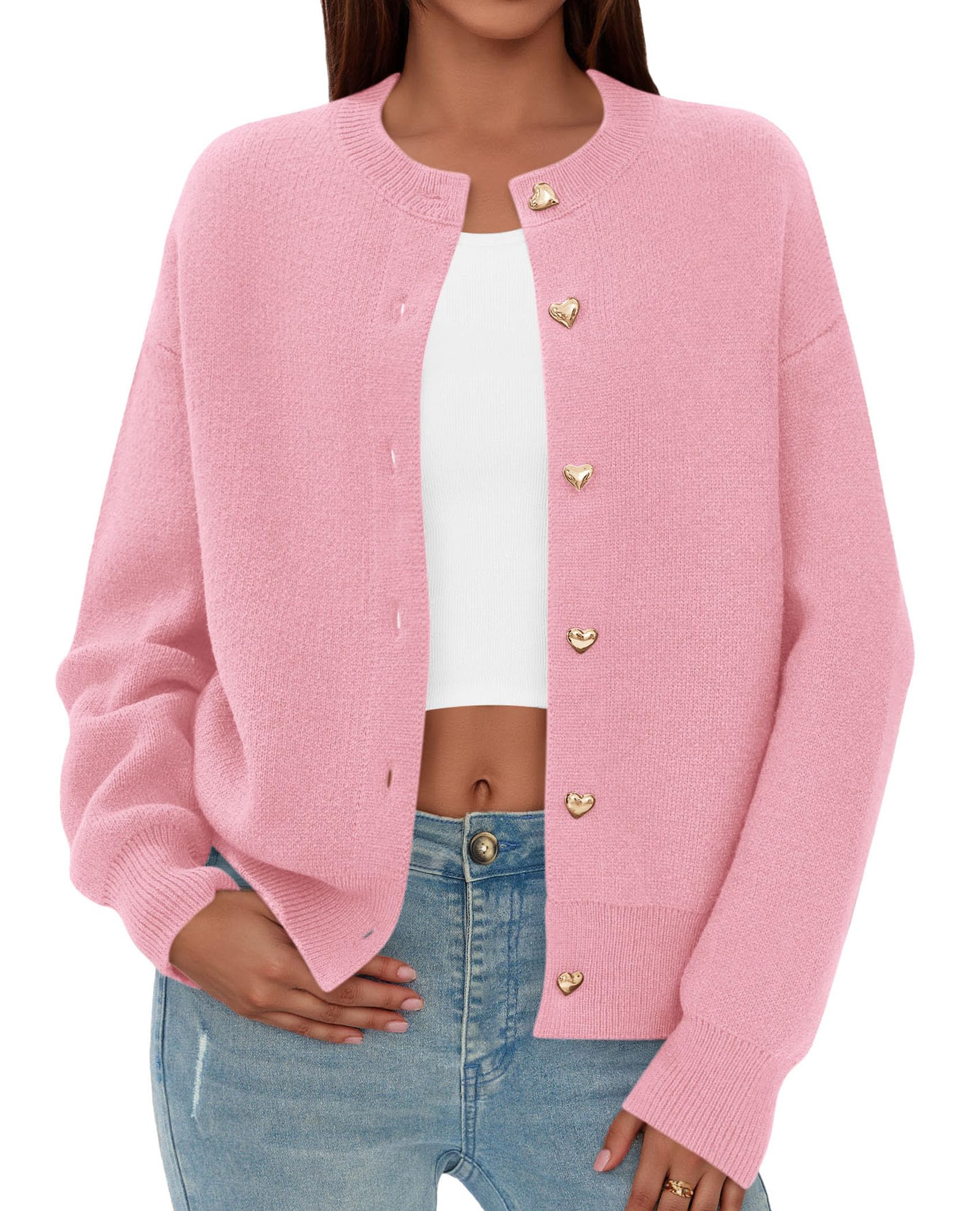 Women's Long Sleeve Button Up Cardigan,Pink,L