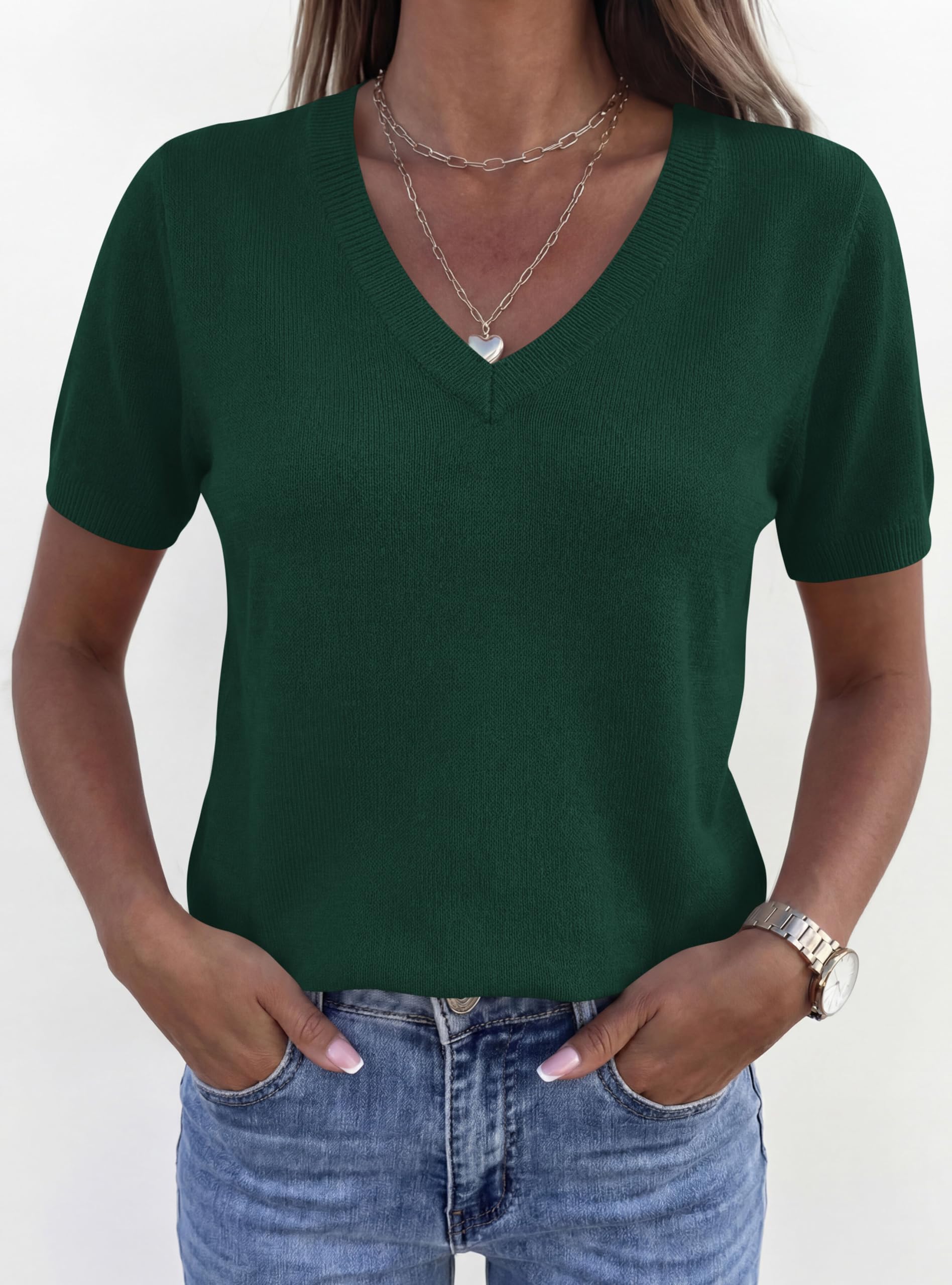 Womens Short Sleeve Sweater V Neck Tops,Dark Green,S