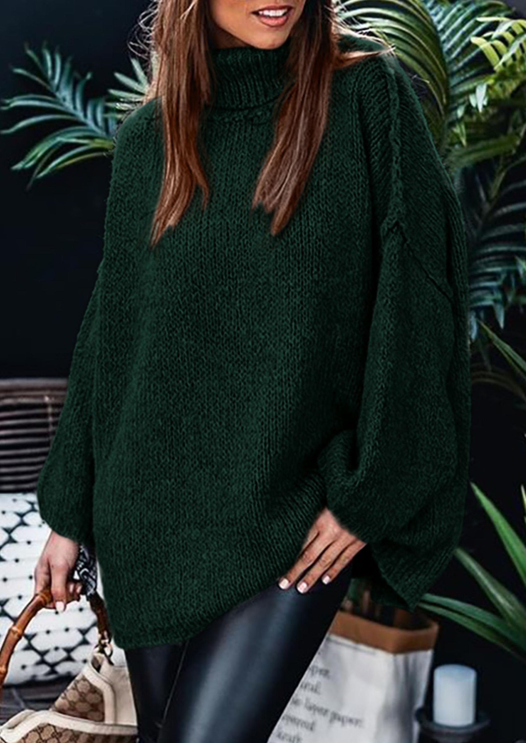 Womens Turtleneck Long Sleeve Oversized Sweaters,Dark Green,S
