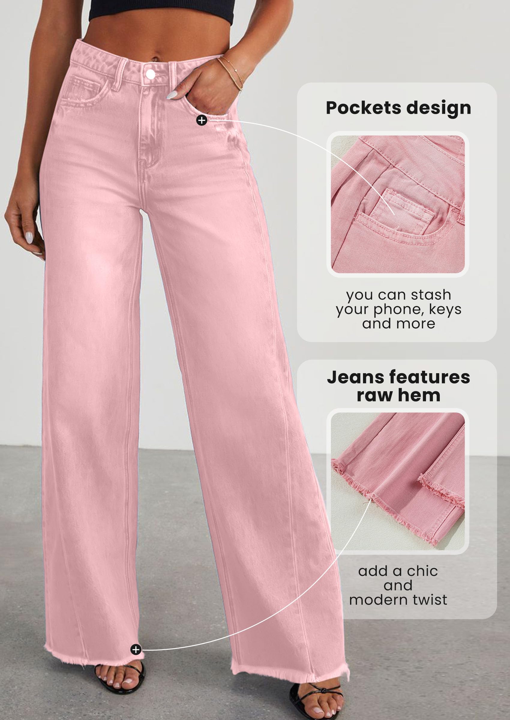 Women's Wide Leg Jeans Raw Hem Denim Pants,Pink,4