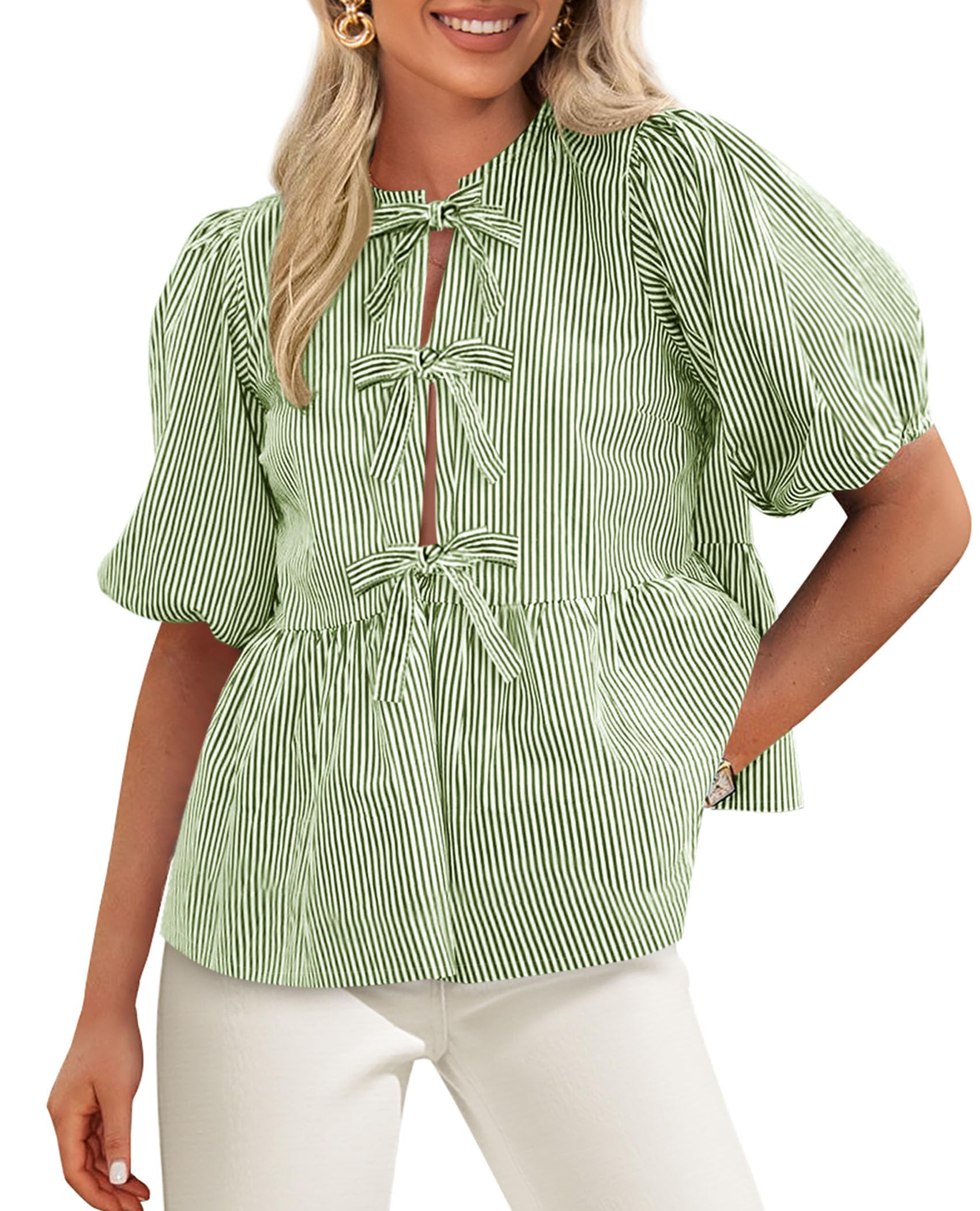 Women Striped Tie Front Babydoll Peplum Tops, Army Green,S