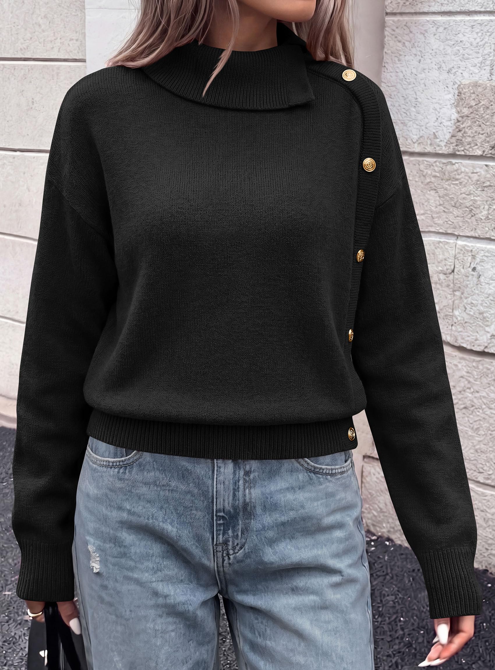 Womens Turtleneck Sweater Pullover Side Button Fall Clothes