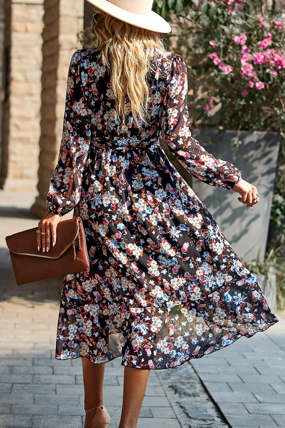 Women's Floral Boho Long Sleeve Maxi Dress, Floral Black,S