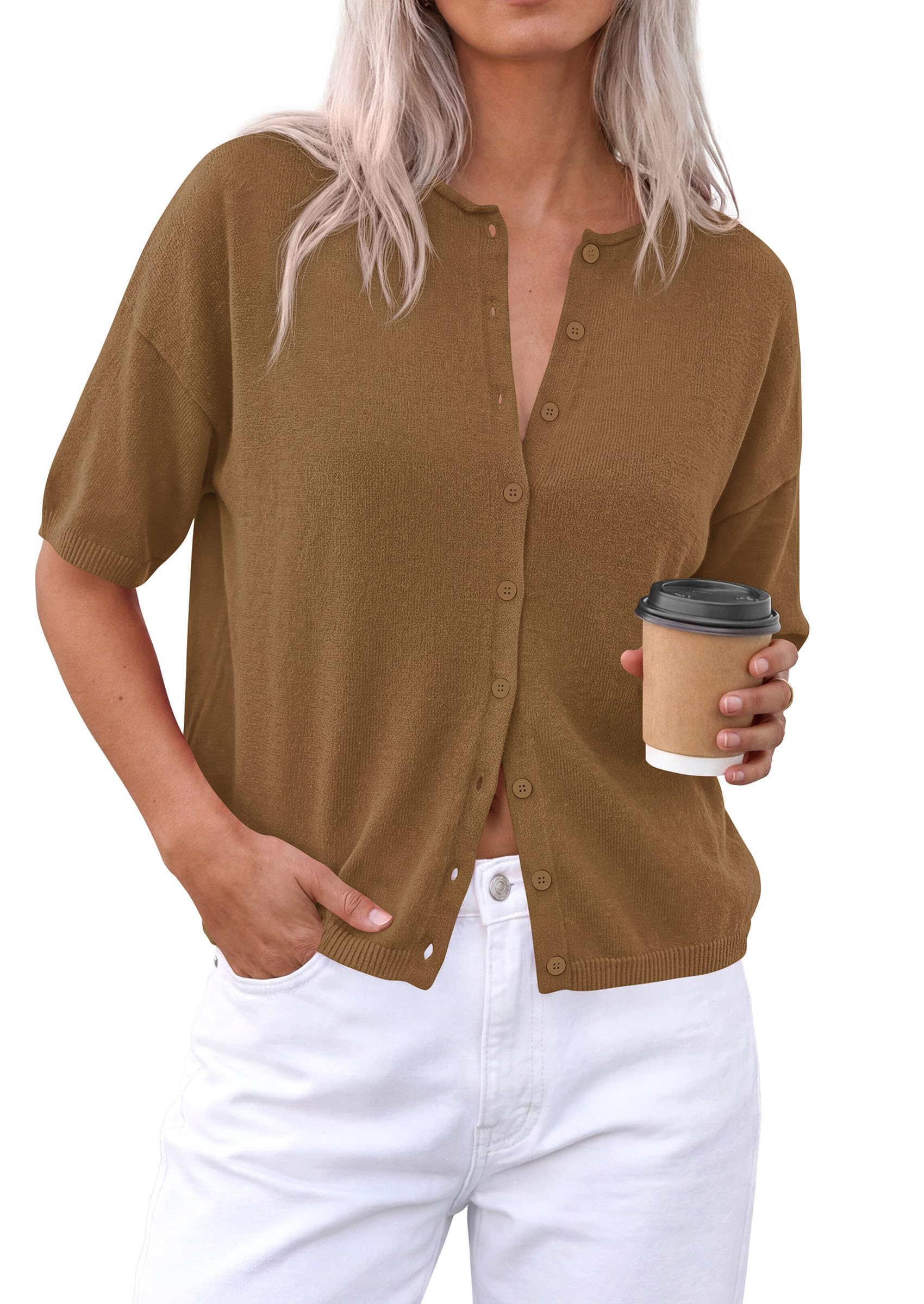 Women's Short Sleeve Cardigan Sweaters (Dark Khaki,Small)