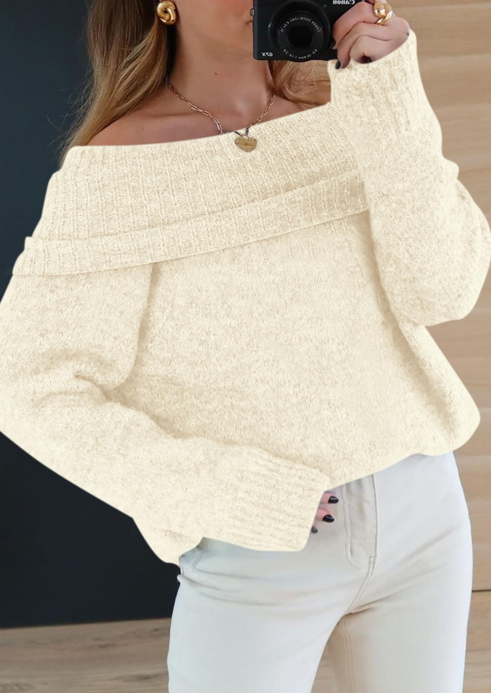 Women's Fall Off The Shoulder Sweater,Beige White,S
