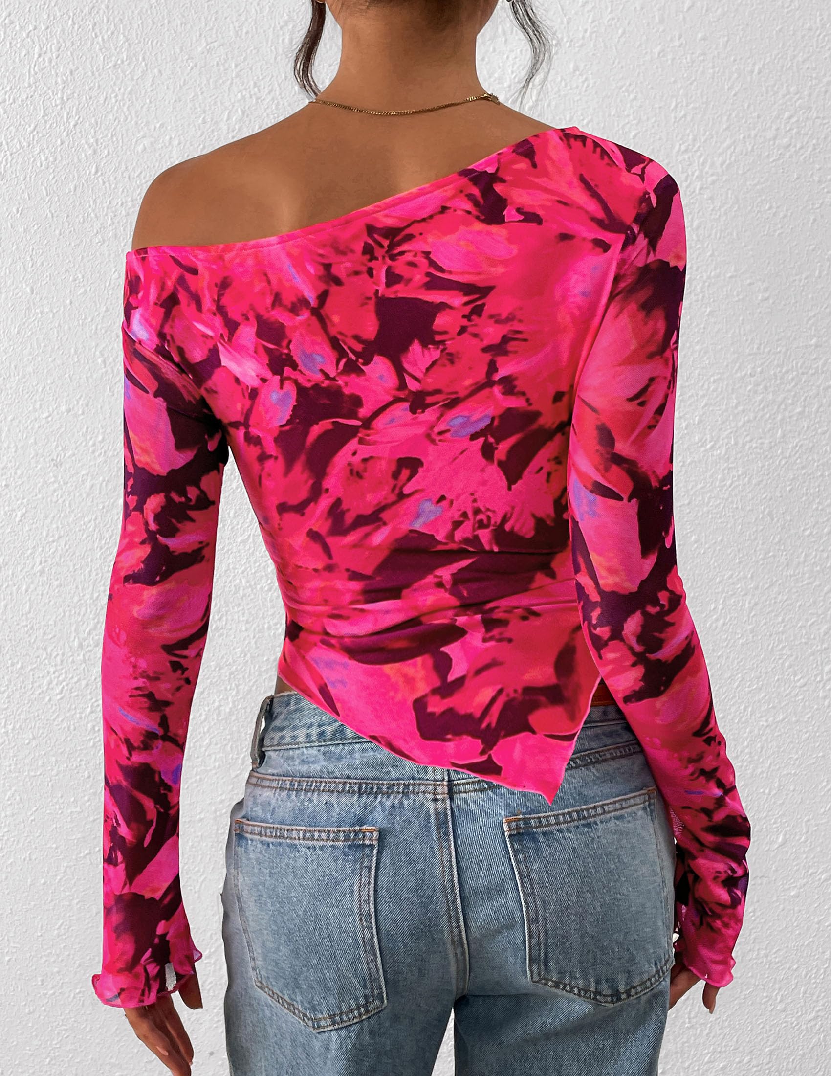 Womens Off Shoulder Mesh Y2k Tops,Floral Rose Red,XS