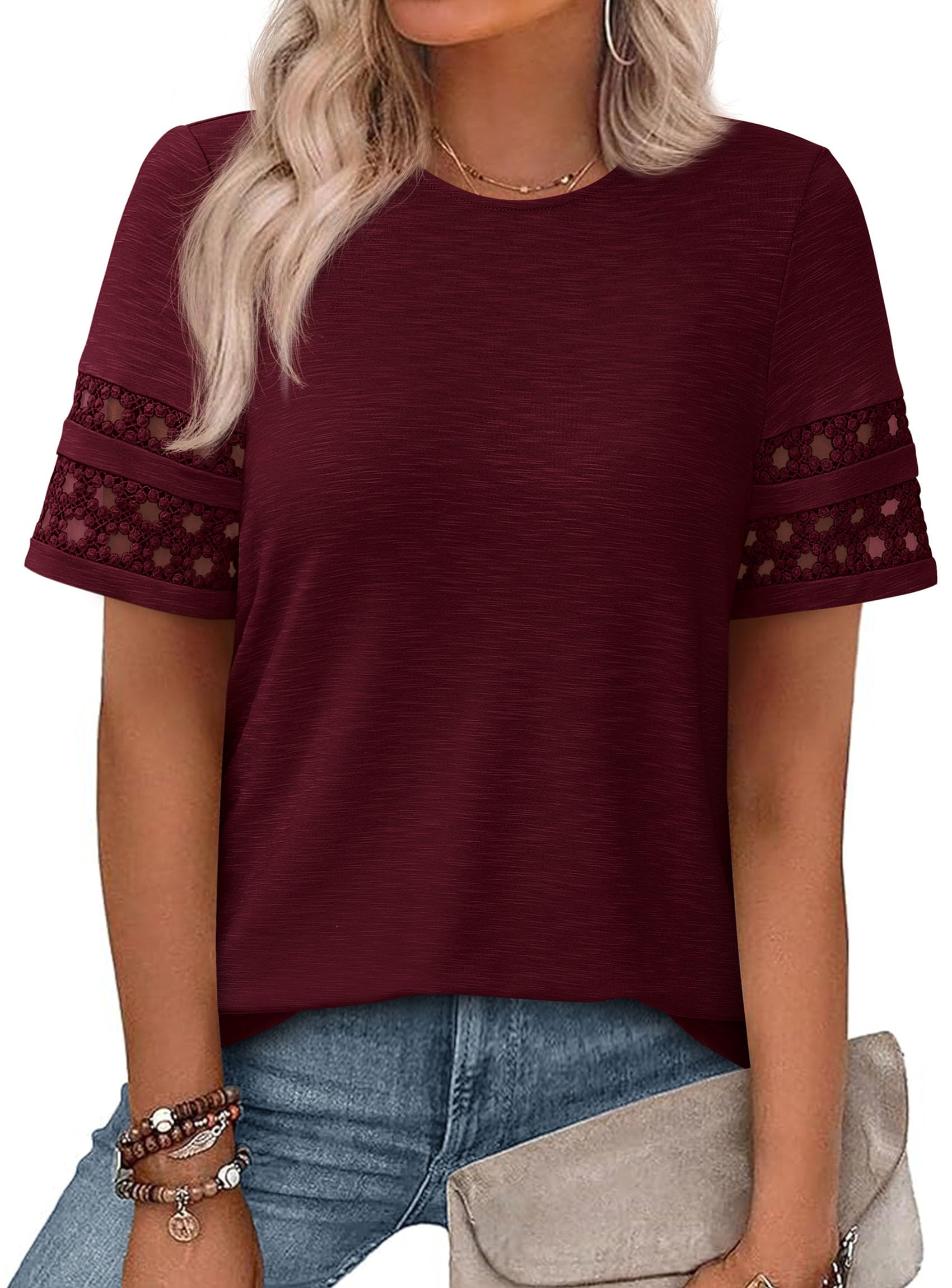 Women's Summer Short Sleeve Lace Trim T-Shirts,Burgundy,S