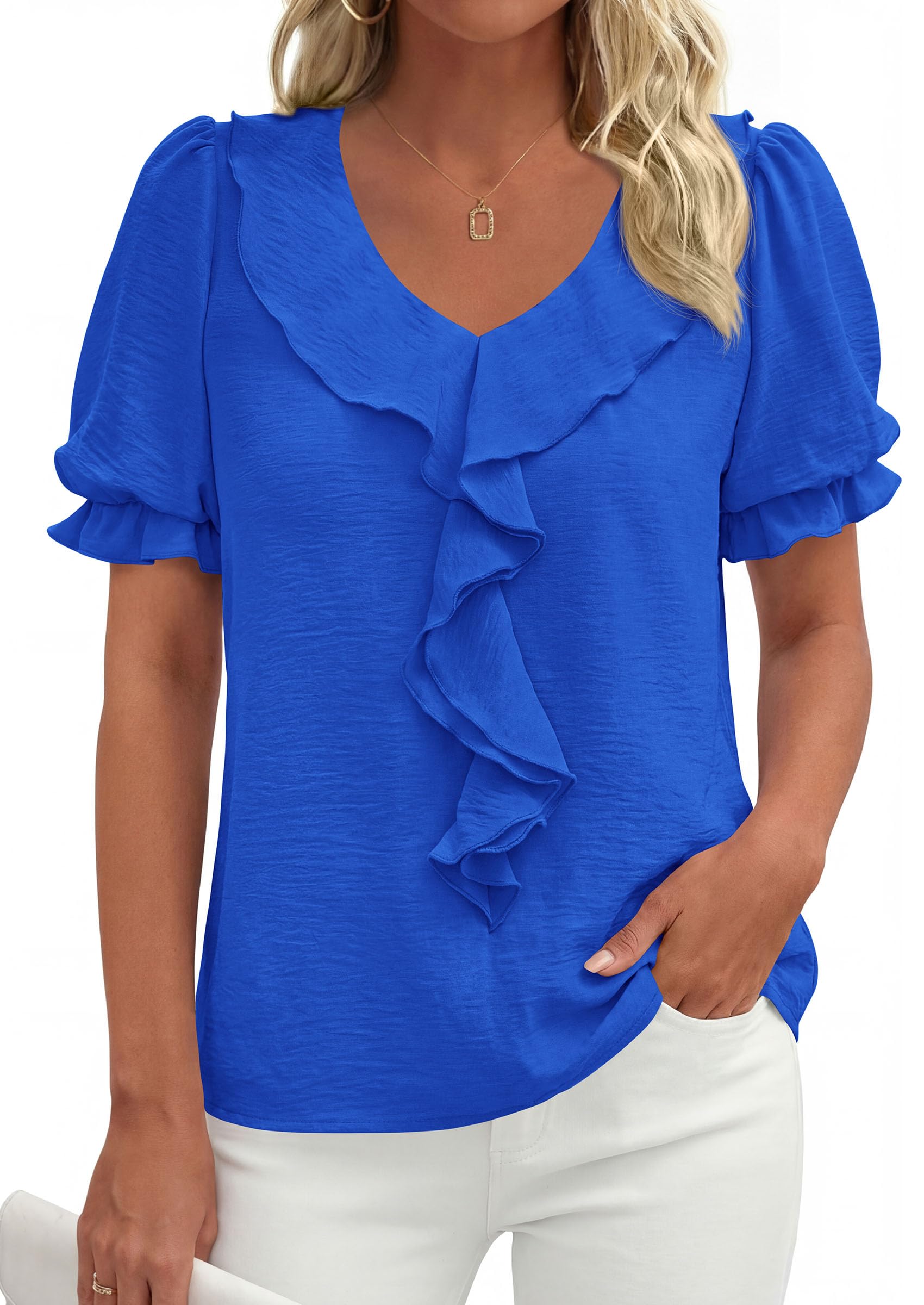 Women's Summer Ruffle Dressy Casual Blouses (Blue,S)