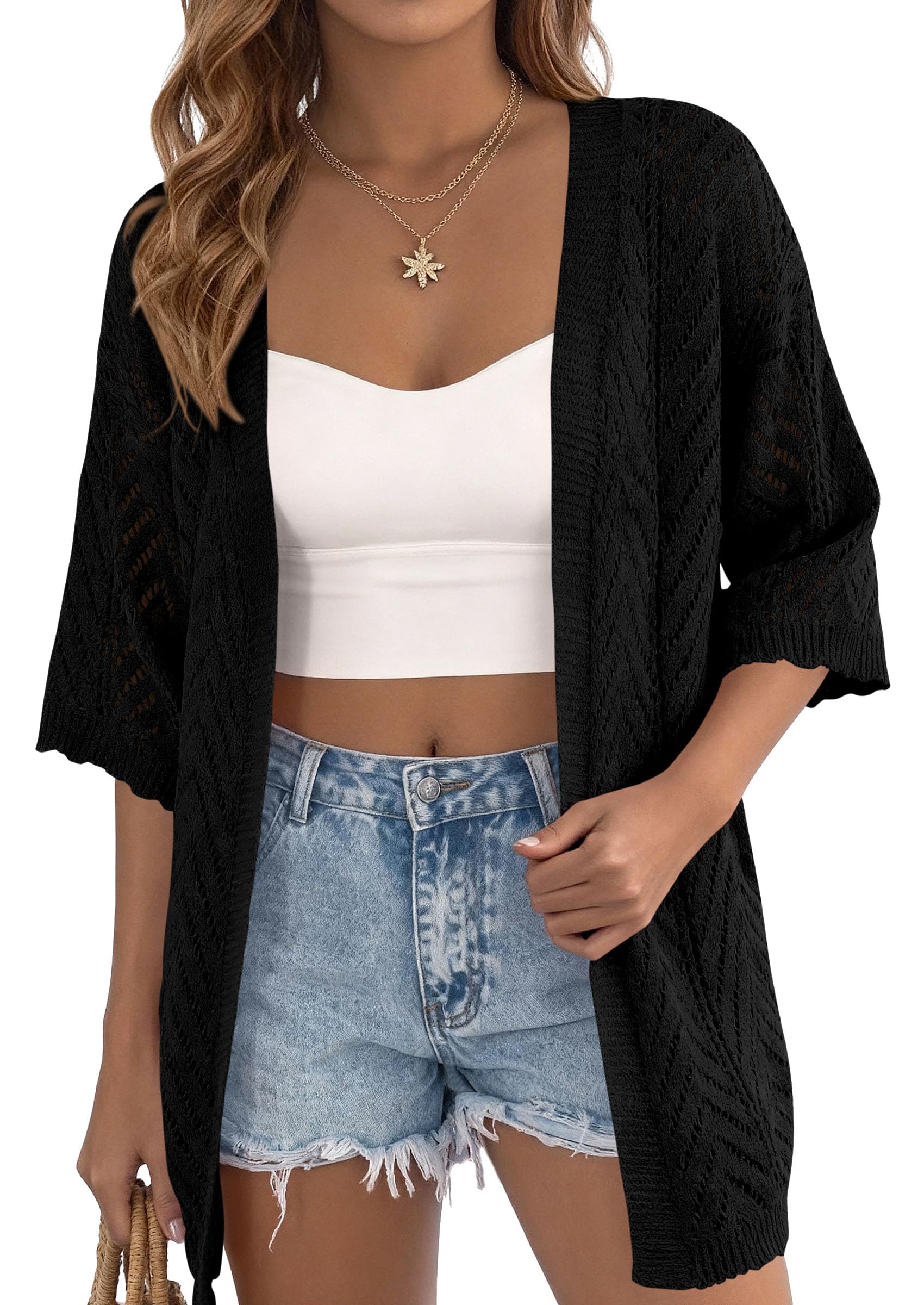 Women Lightweight Summer Short Sleeve Cardigan, Black,S