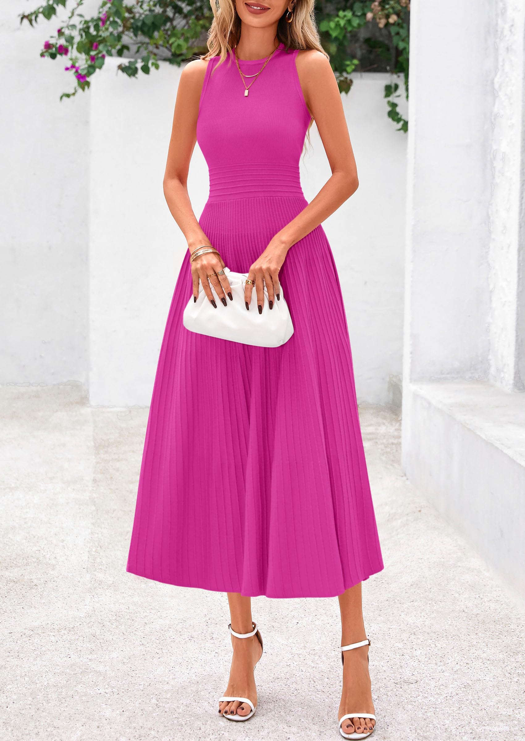 Women's Summer Pleated Midi Work Dress,Rose,S