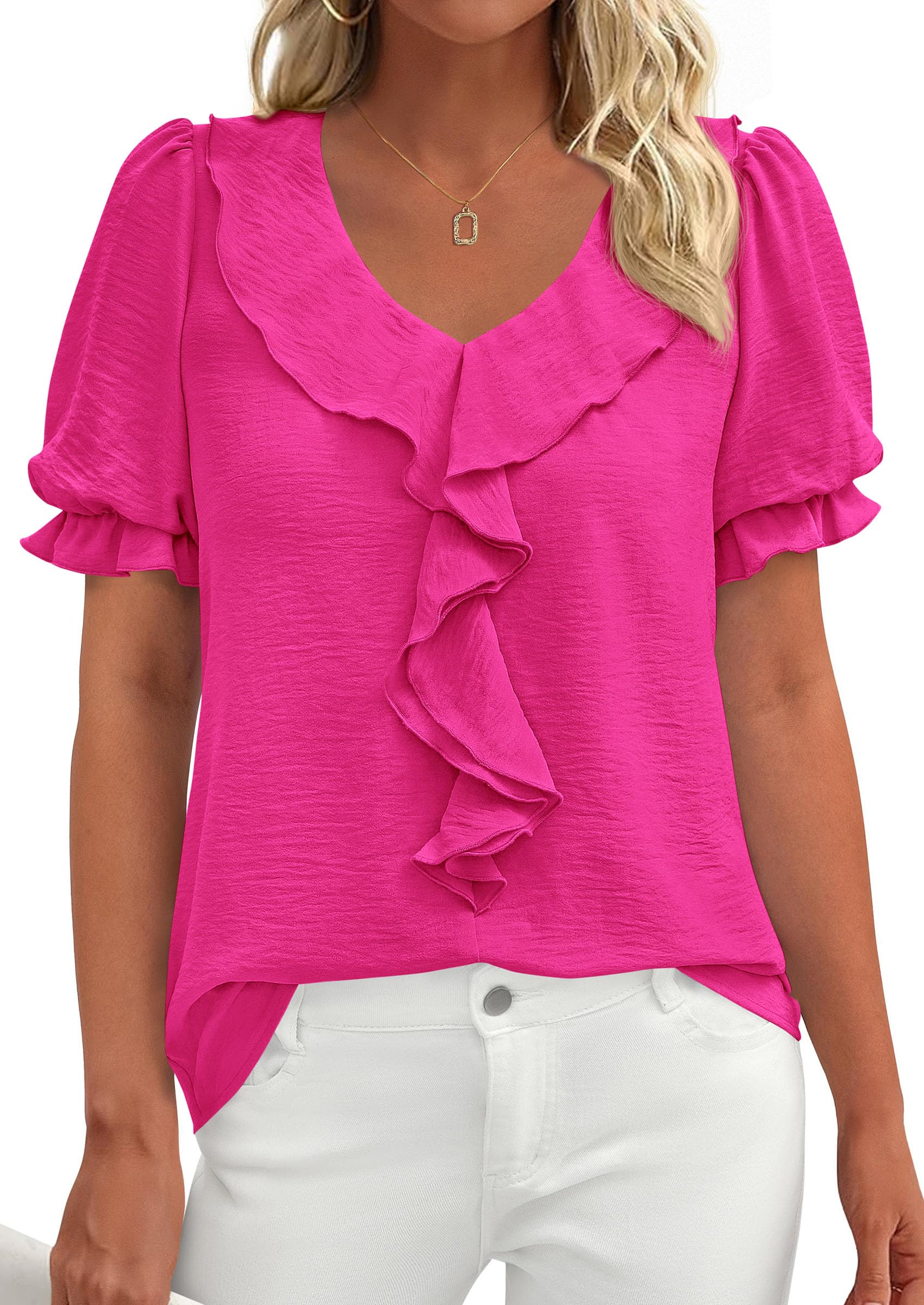 Women's Summer Ruffle Dressy Casual Blouses (Rose Red,S)