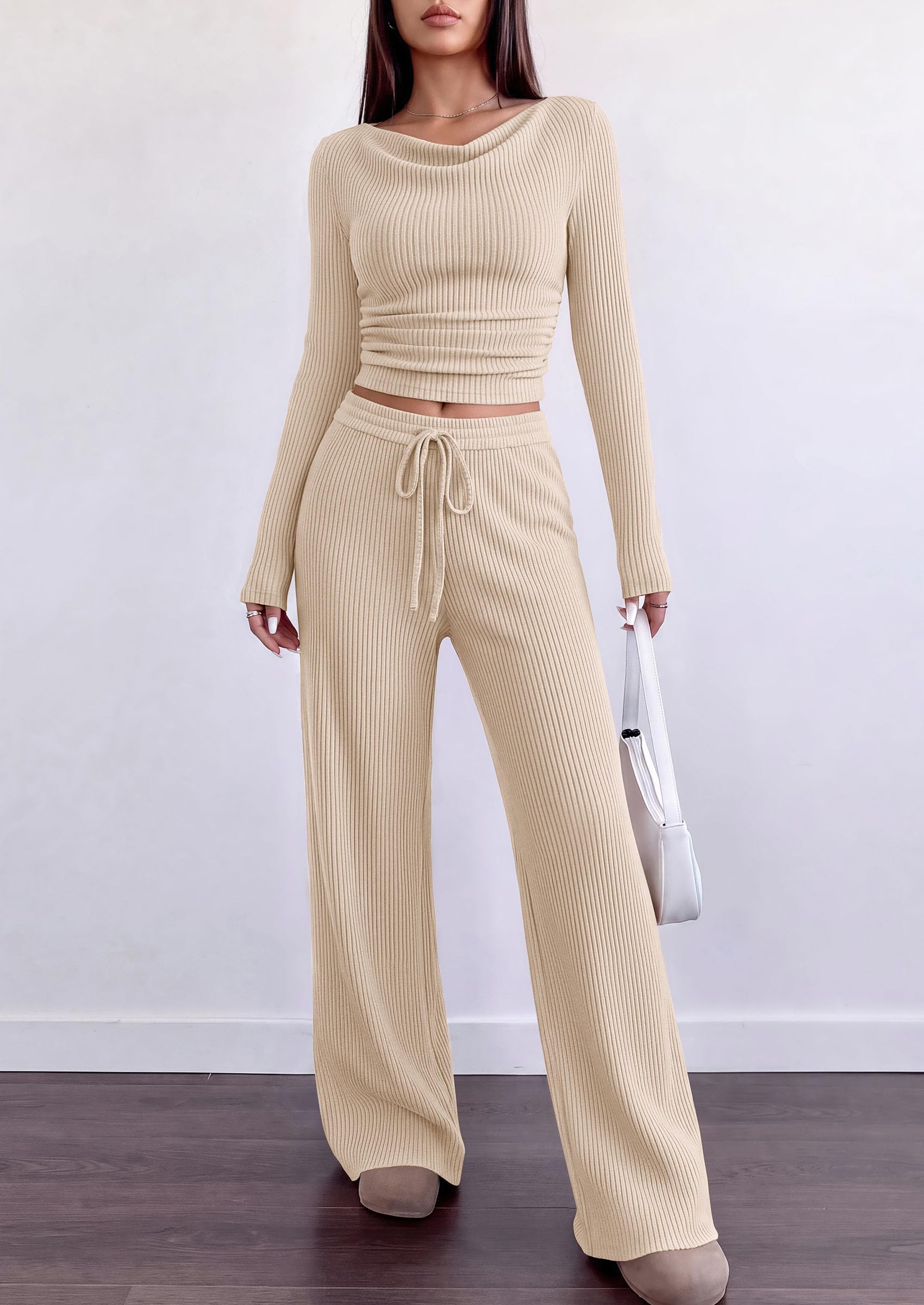 Matching Sets Women Clothing Fall Ribbed 2 Piece Lounge Set