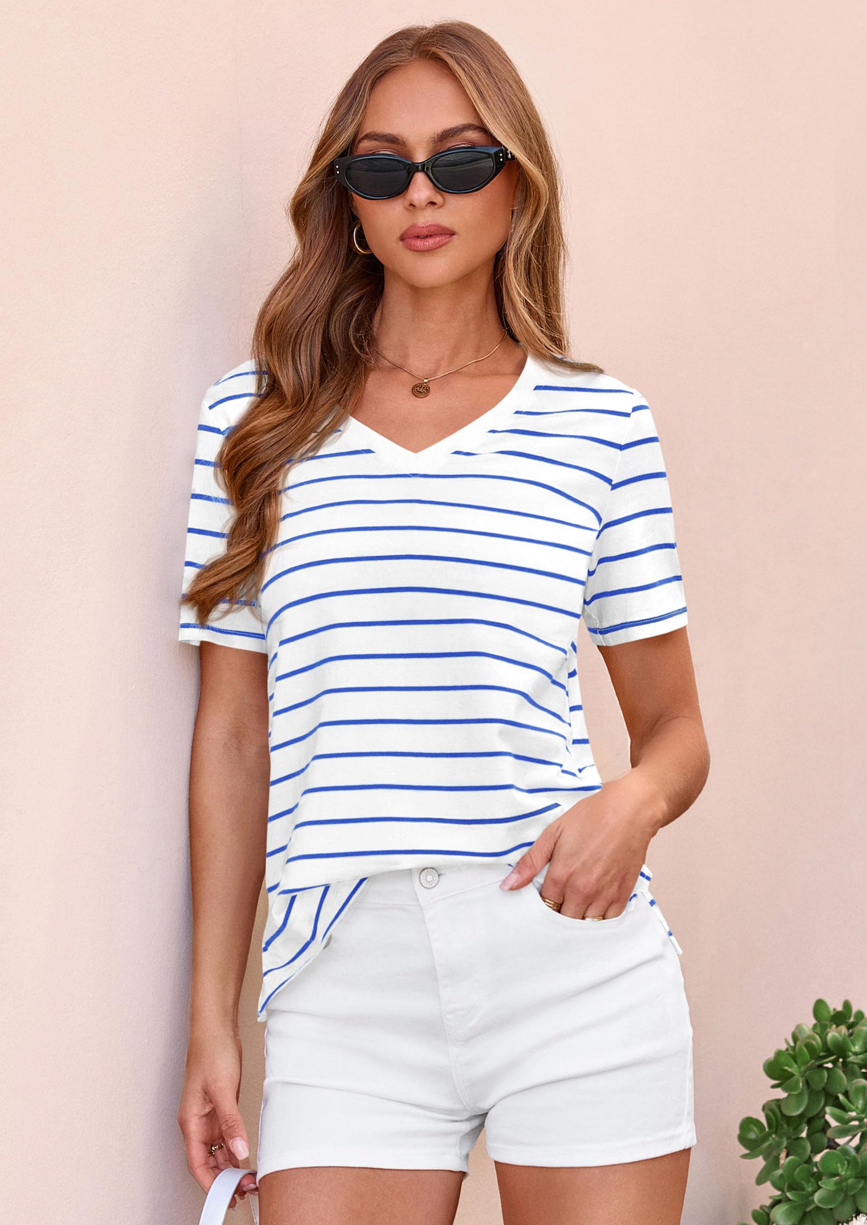 Striped Short Sleeve Womens Tops,Striped White Blue,M