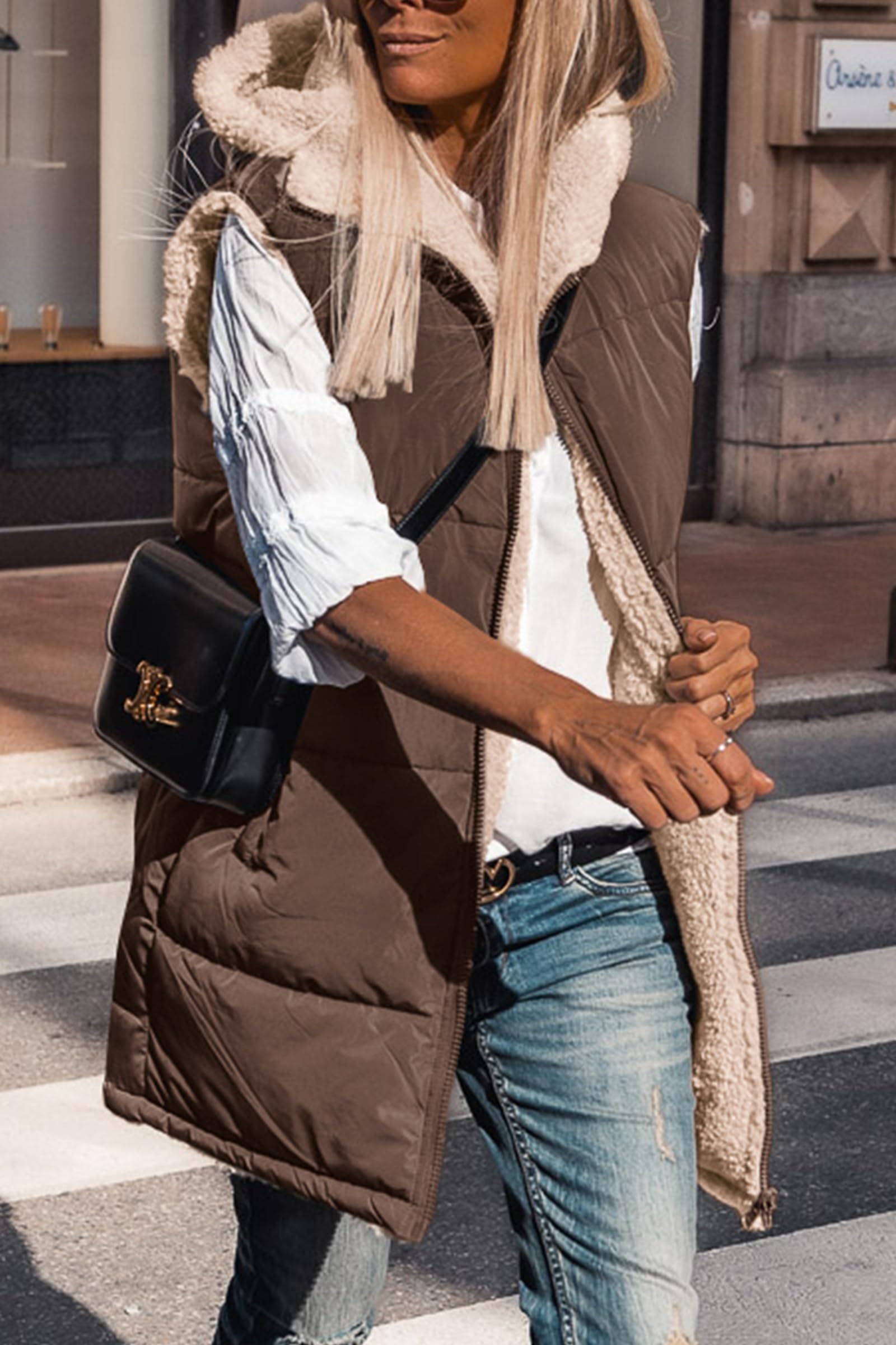 Women's Winter Reversible Fleece Long Vests(Coffee,M)