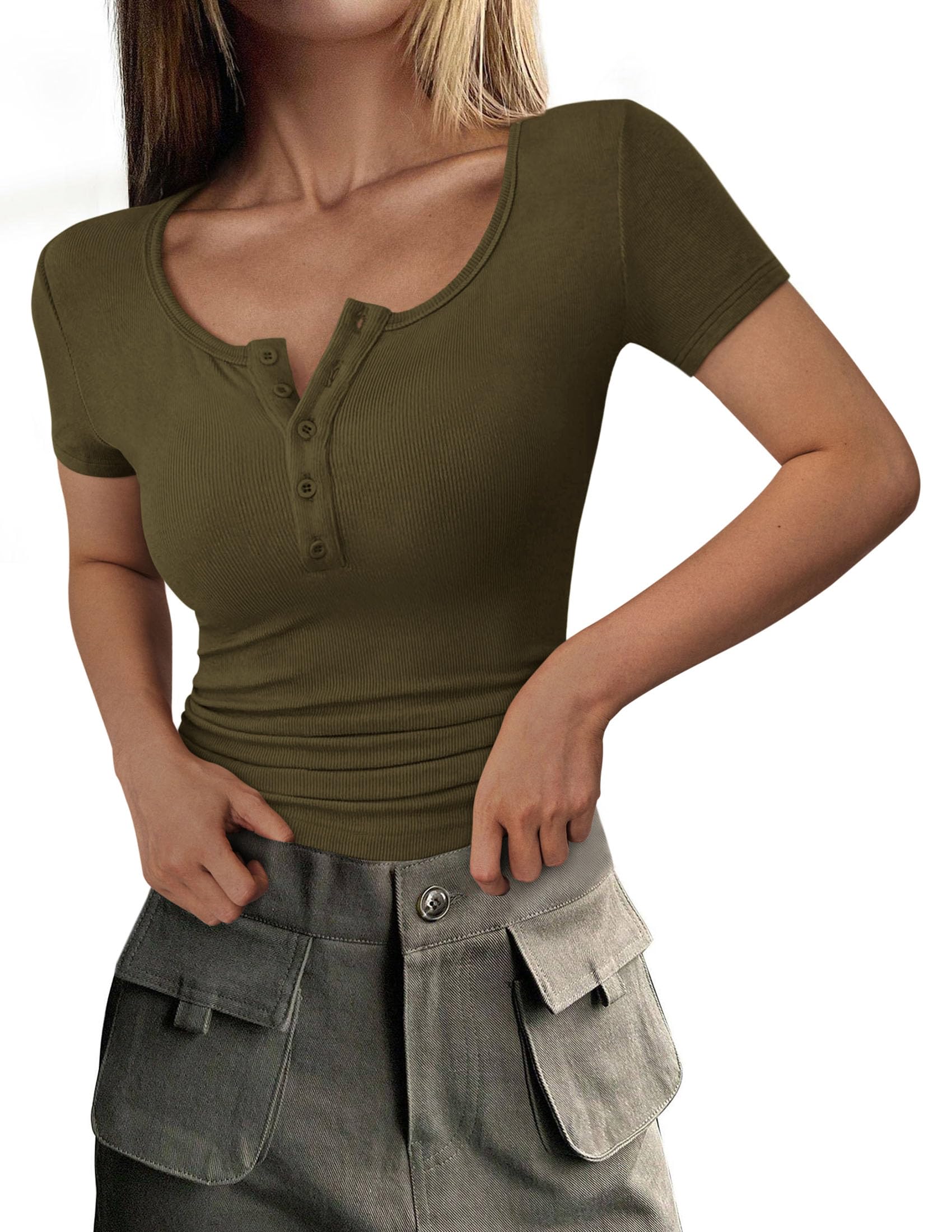 Women's Summer Tops Henley Tee Shirts (Army Green,X-Small)
