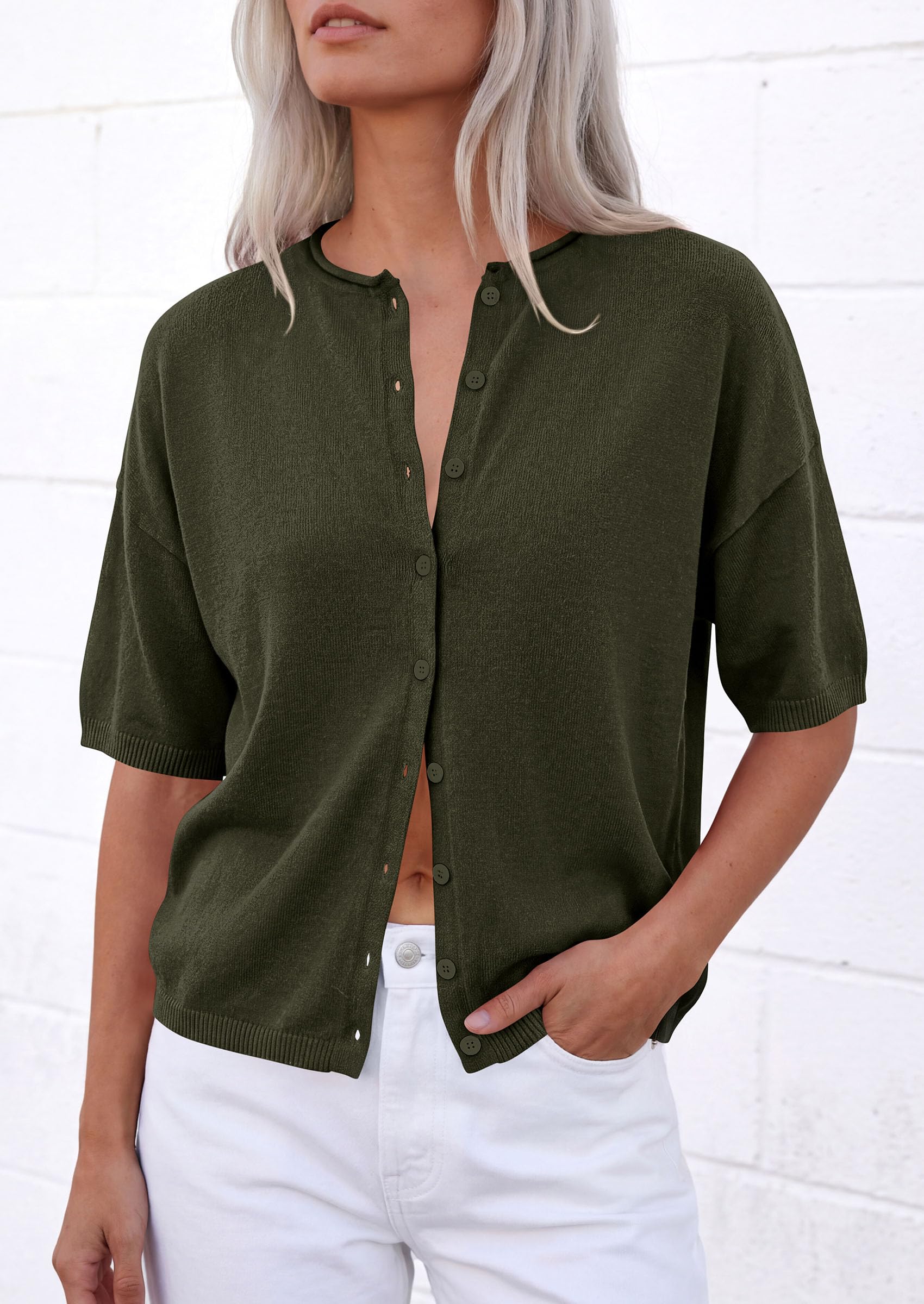 Women's Short Sleeve Cardigan Sweaters (Army Green,Small)