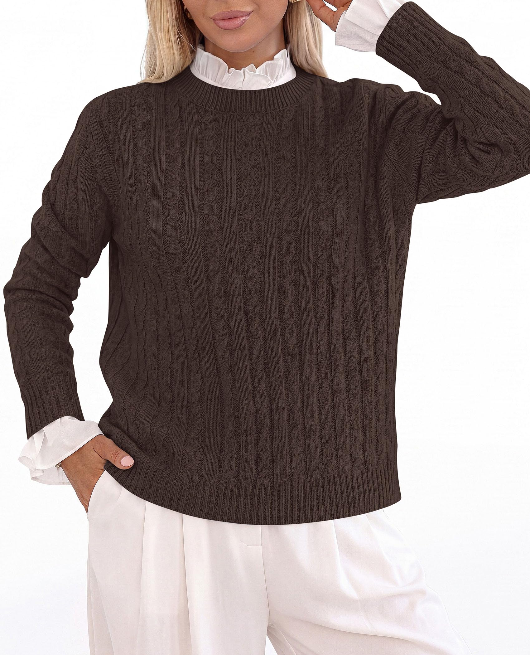 Womens Cable Knit Crewneck Fall Sweater Long Sleeve Tops 2026