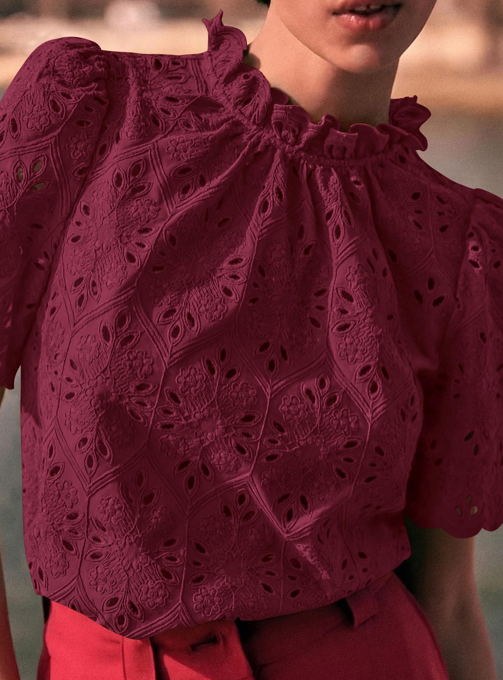 Women Summer Tops Eyelet Embroidered Shirts,Wine Red,XS