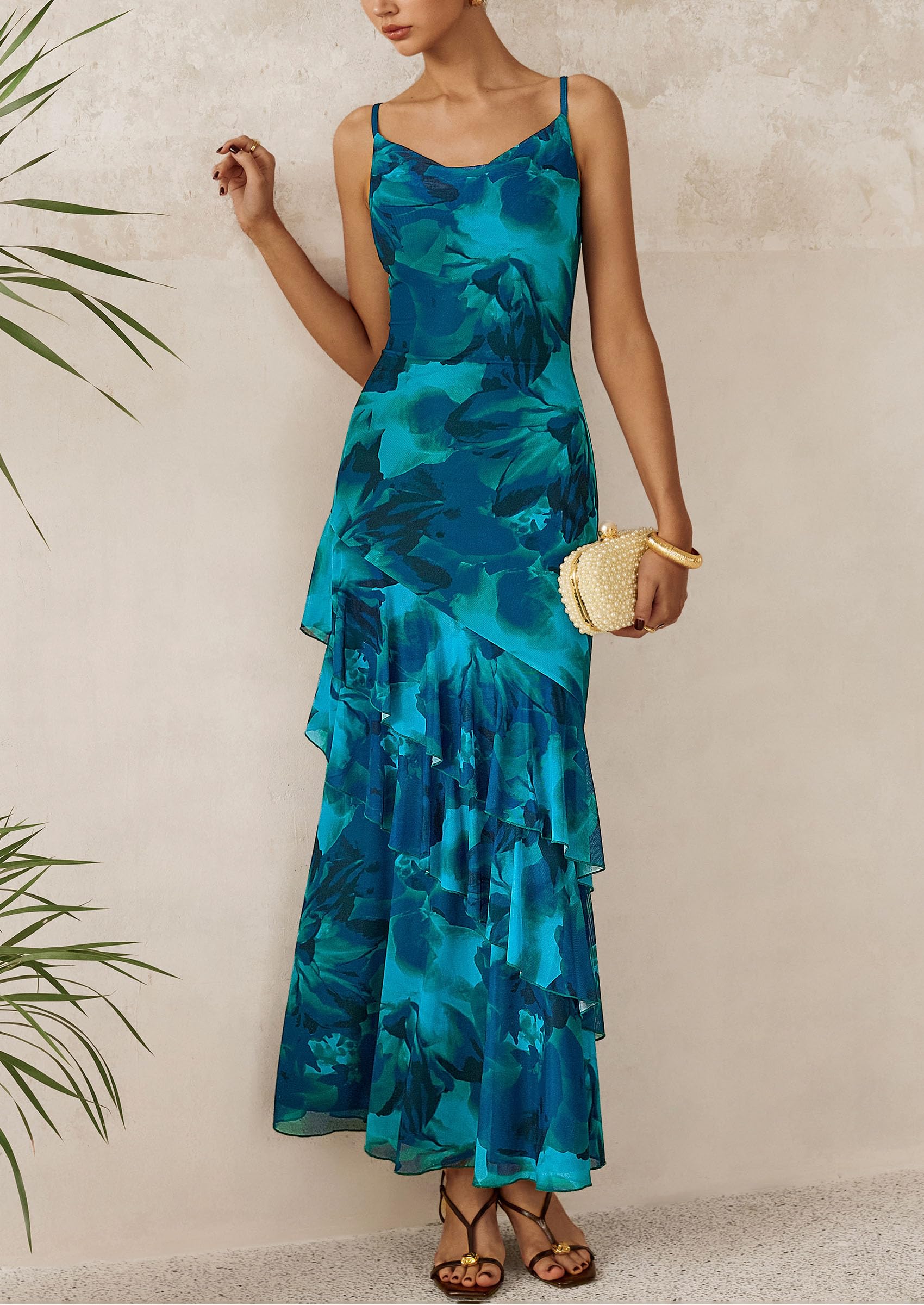 Women's Boho Floral Tiered Maxi Dress, Print Blue Green,XS