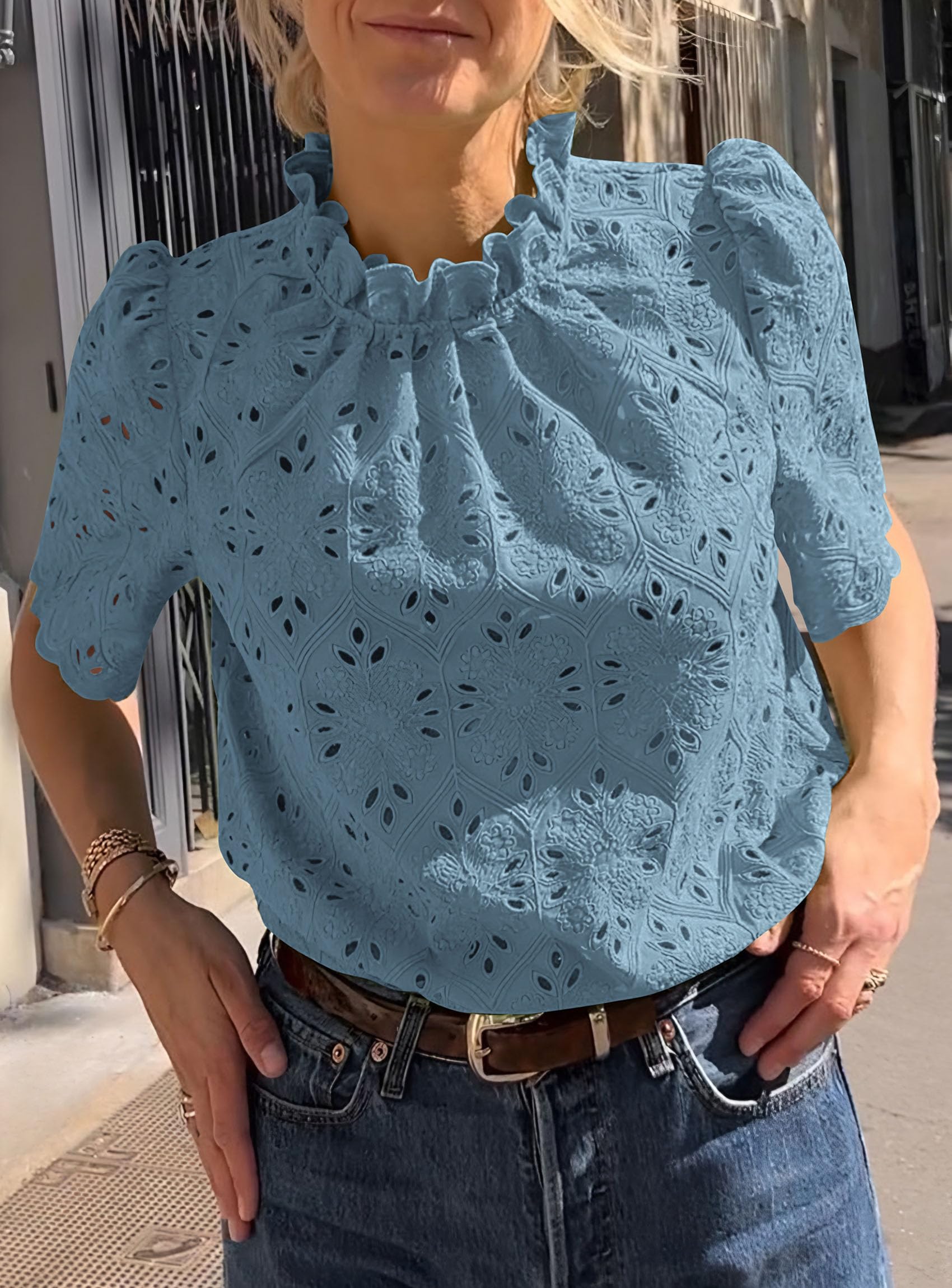 Women Summer Tops Eyelet Embroidered Shirts,Blue Grey,XS
