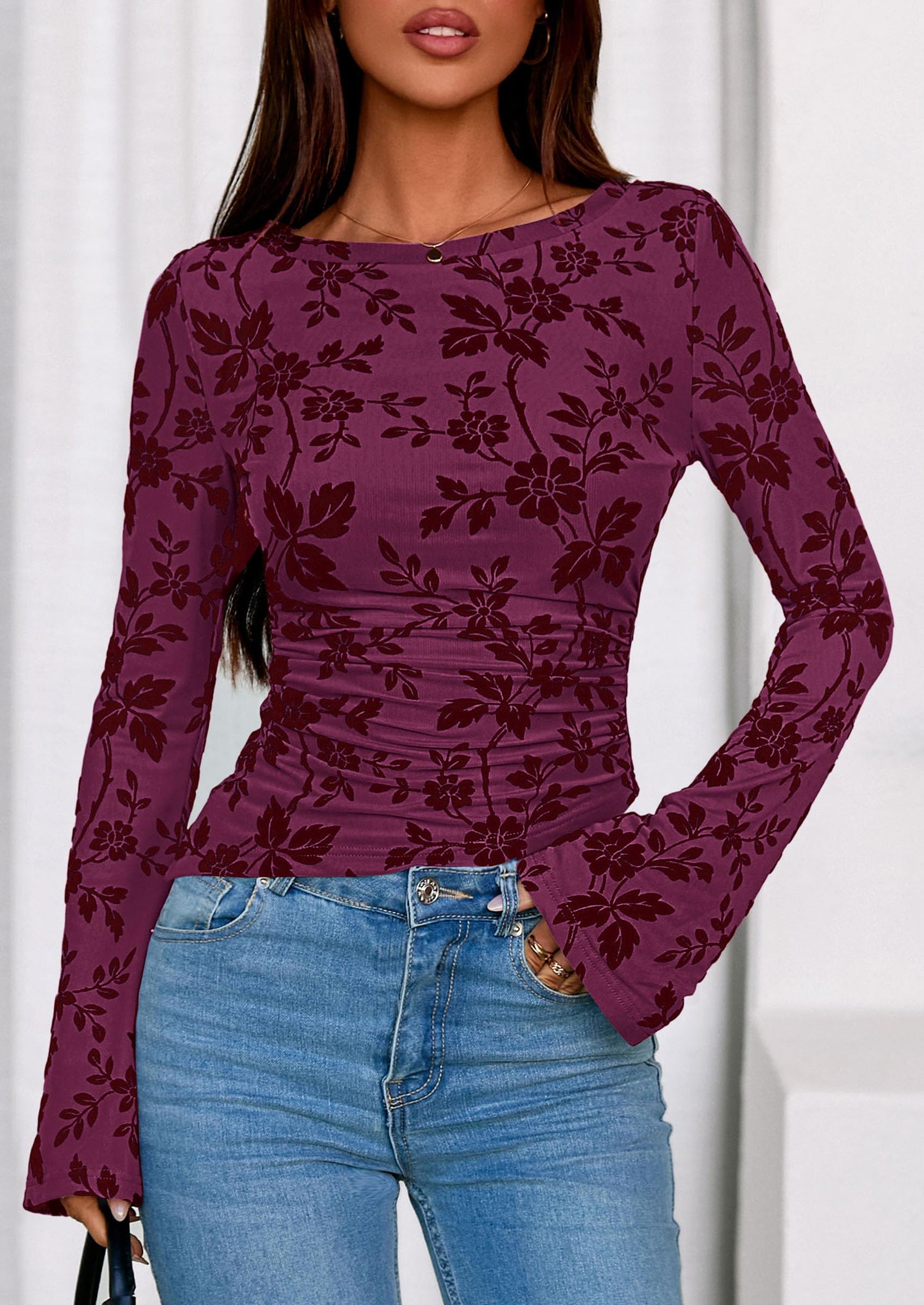 Women's Long Bell Sleeve Y2K Tops Boho Floral Mesh Blouses