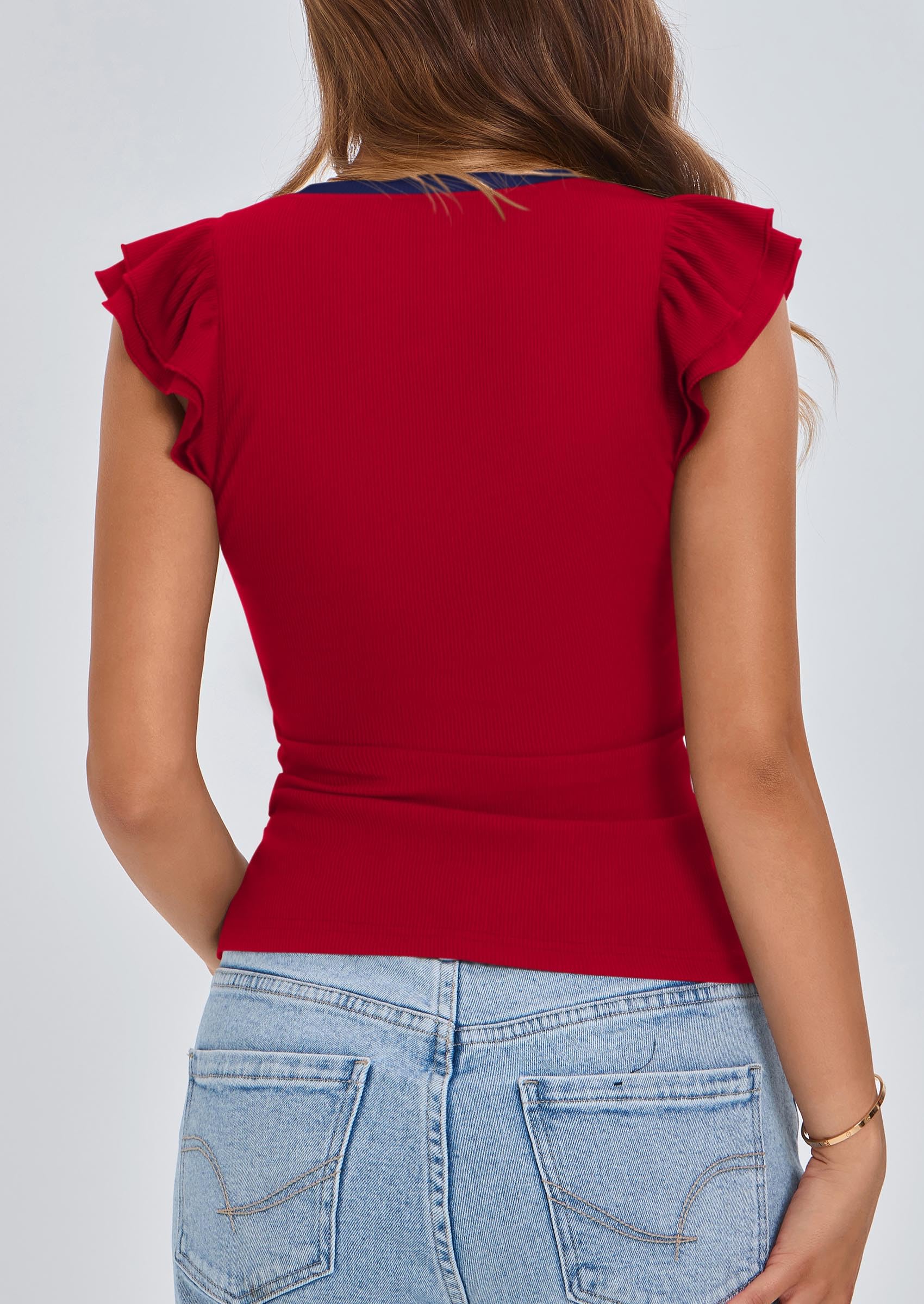 Womens Sleeveless Slim Fit T Shirts,Red Navy,S