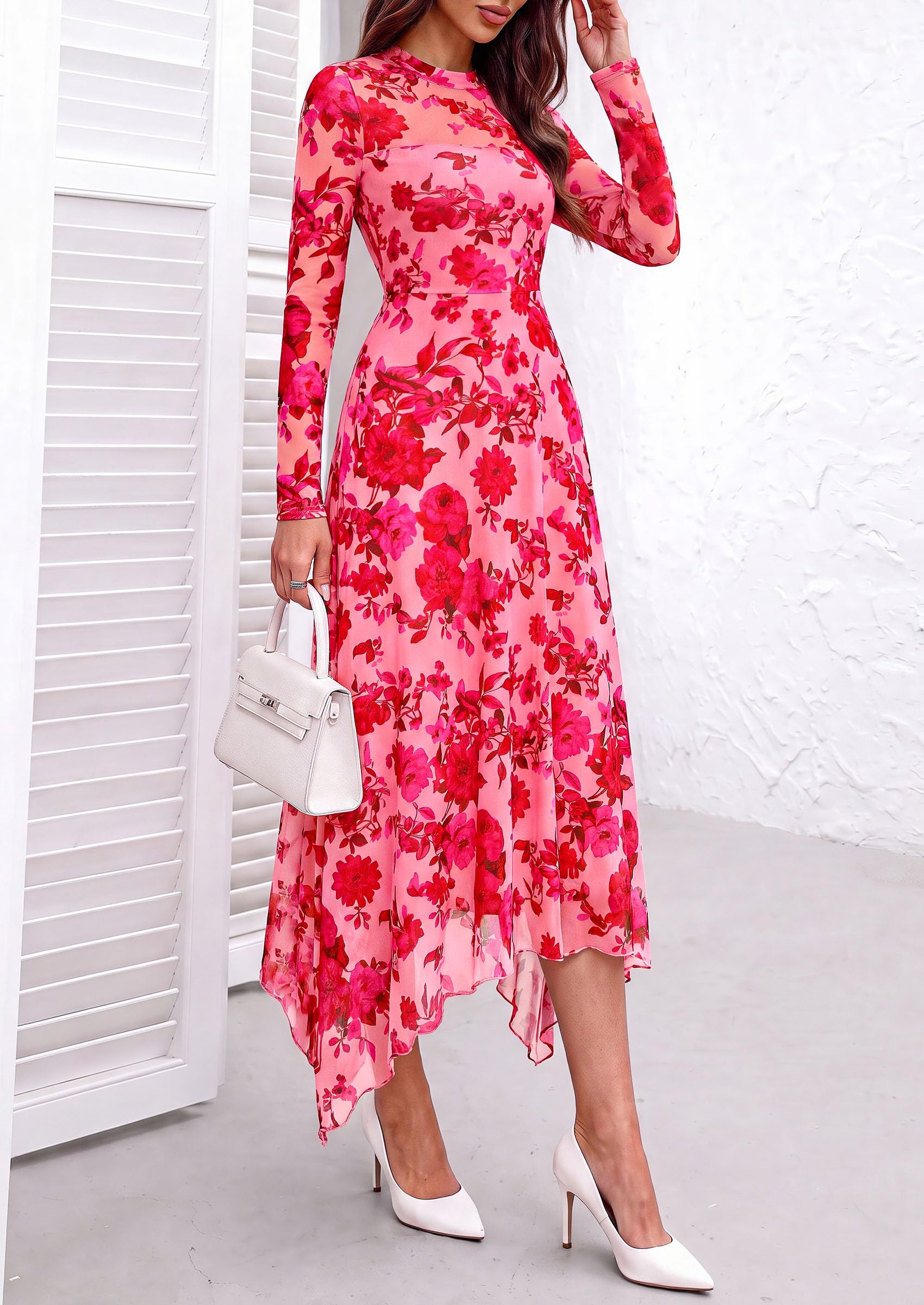 Women's Floral Mesh Midi Dress,Floral Pink Red,S