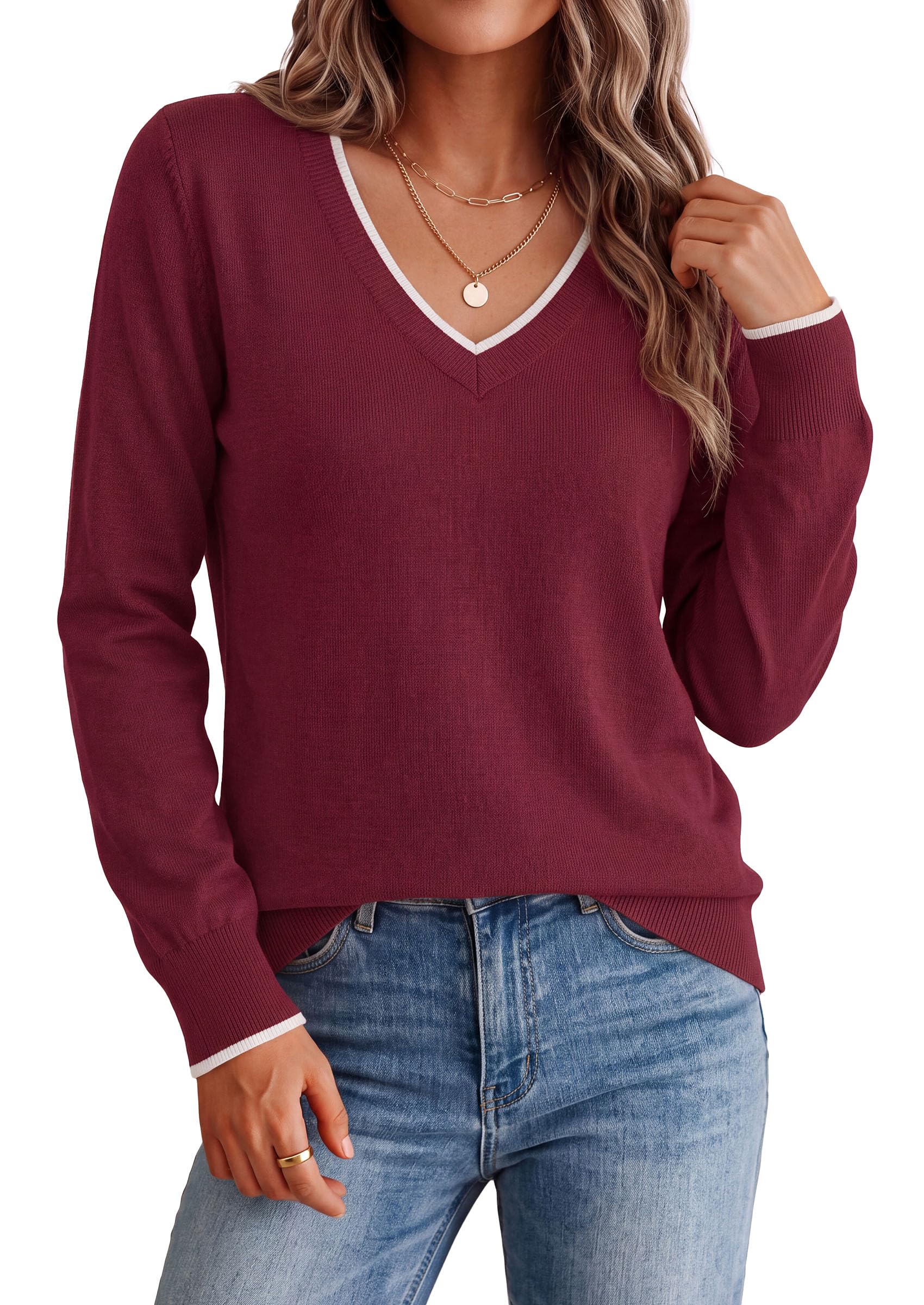 Women's V Neck Sweater Long Sleeve Knit Tops (Wine Red,S)