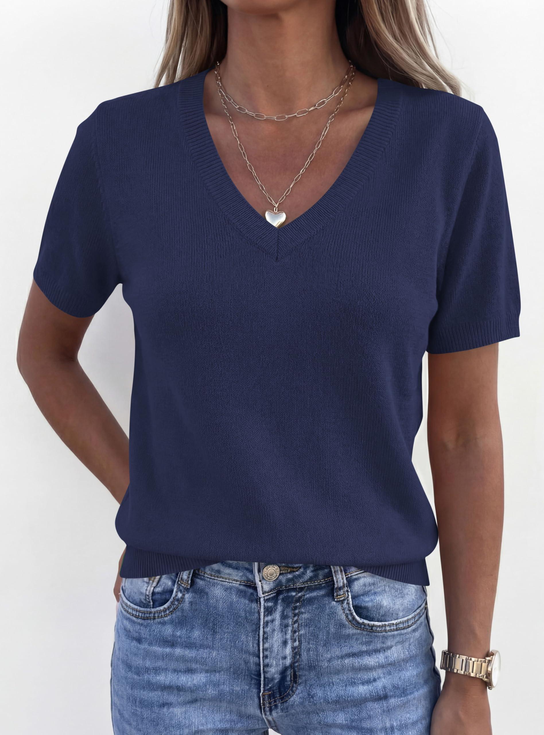 Womens Short Sleeve Sweater V Neck Tops,Navy Blue,S