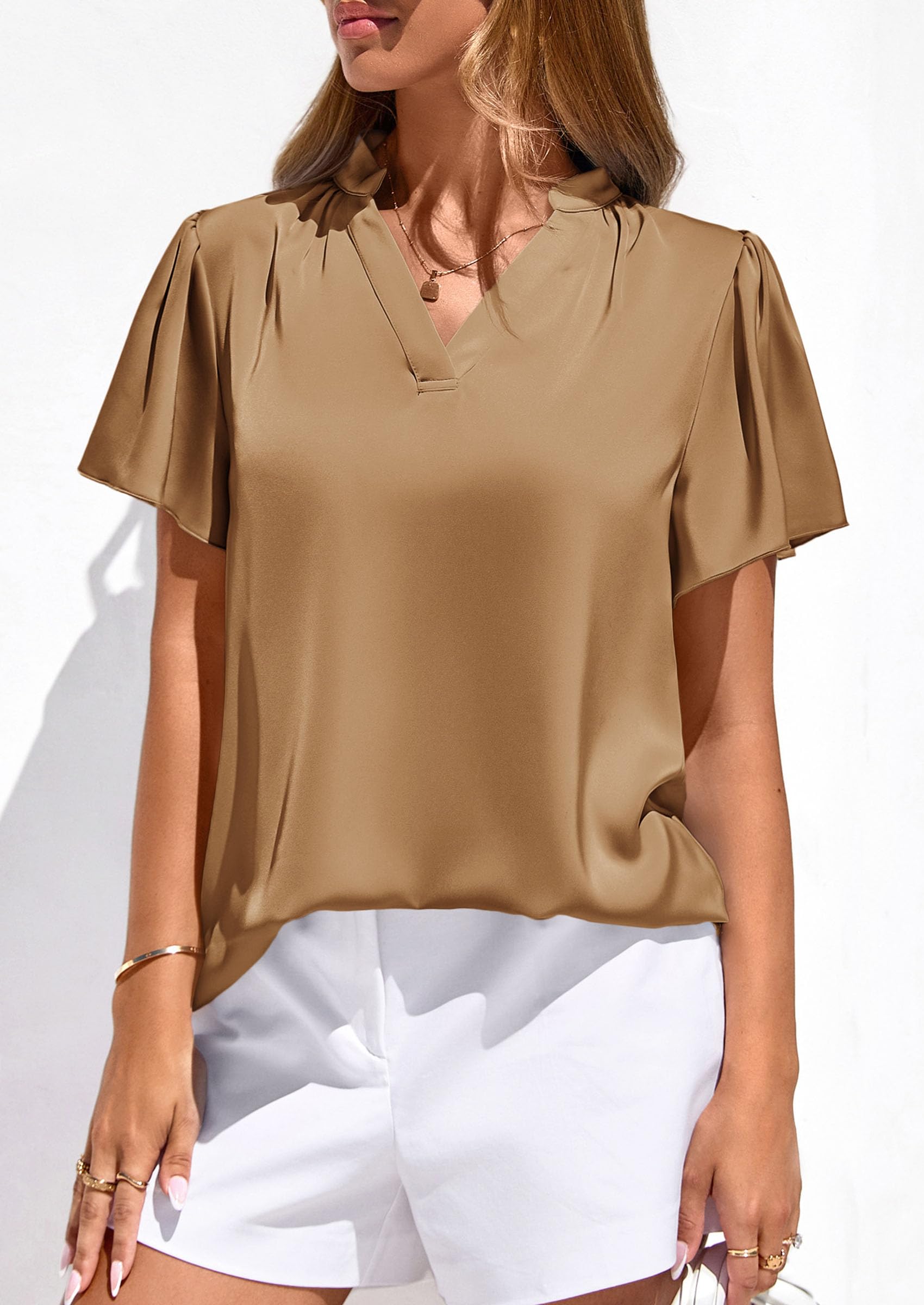 Women's Summer Satin Dressy Casual Blouses (Champagne,S)