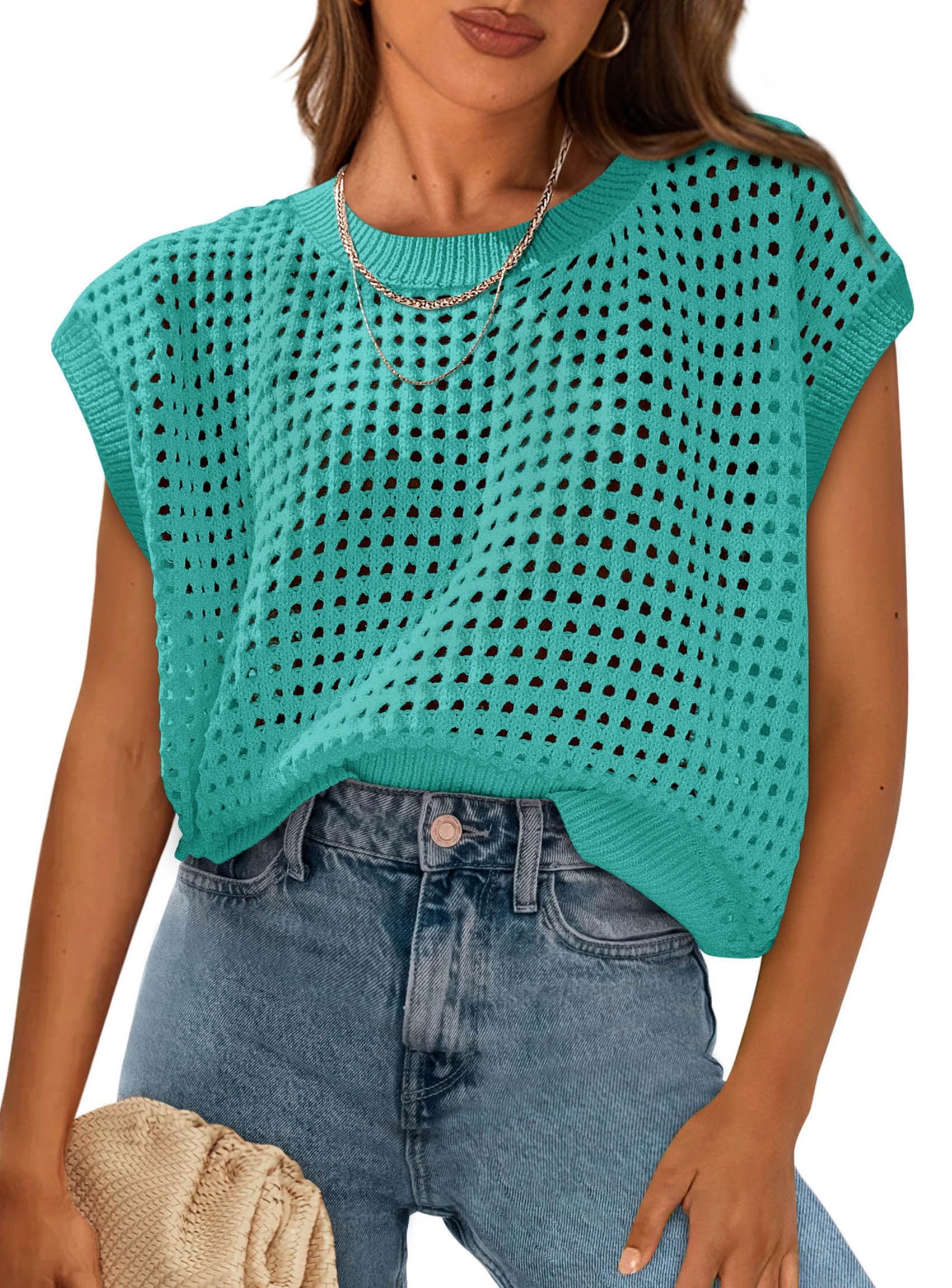 Women's Summer Crochet Cap Sleeve Sweater Tops,Blue Green,S
