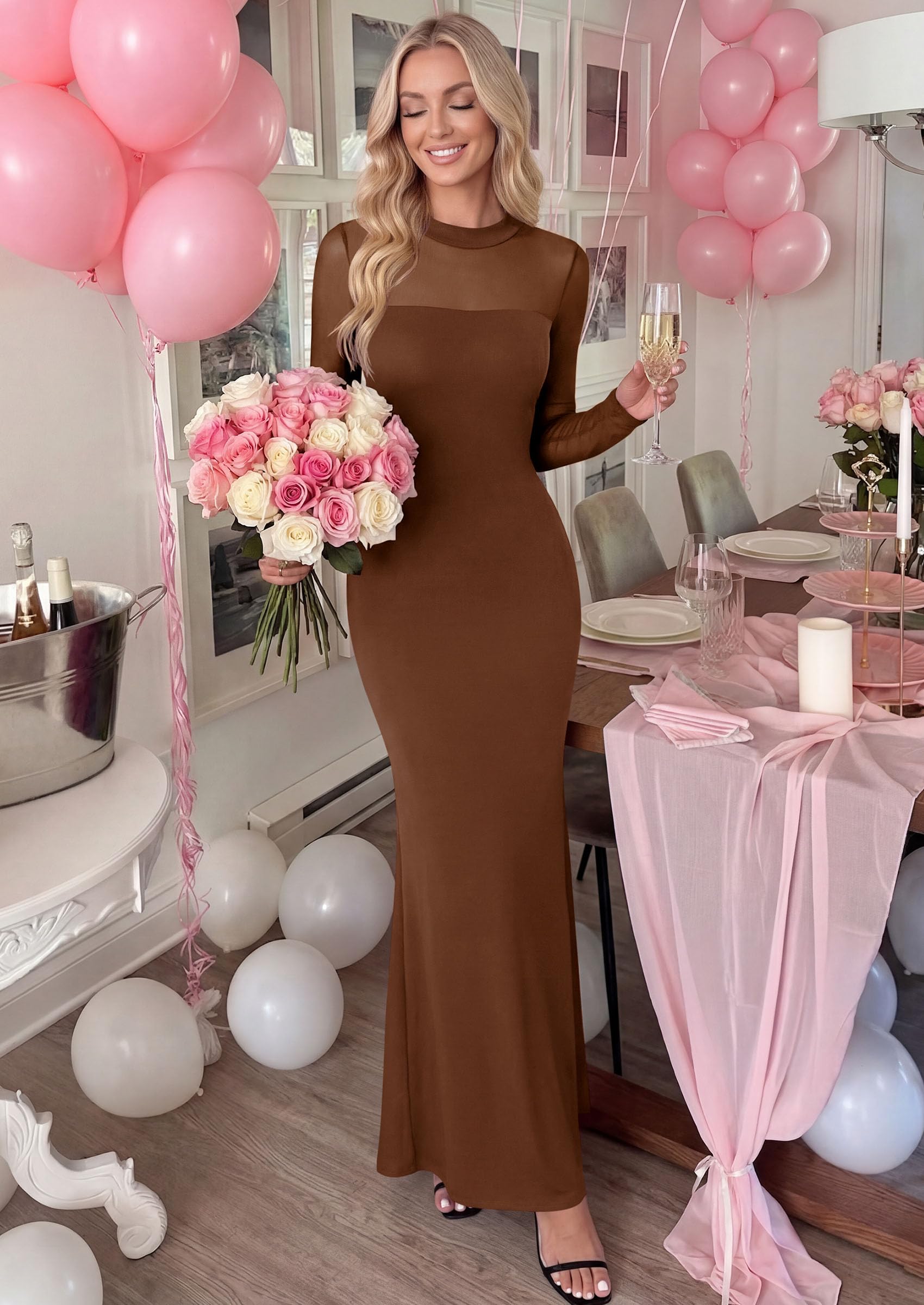 Women's Long Sleeve Formal Mesh Fall Wedding Guest Maxi Dress