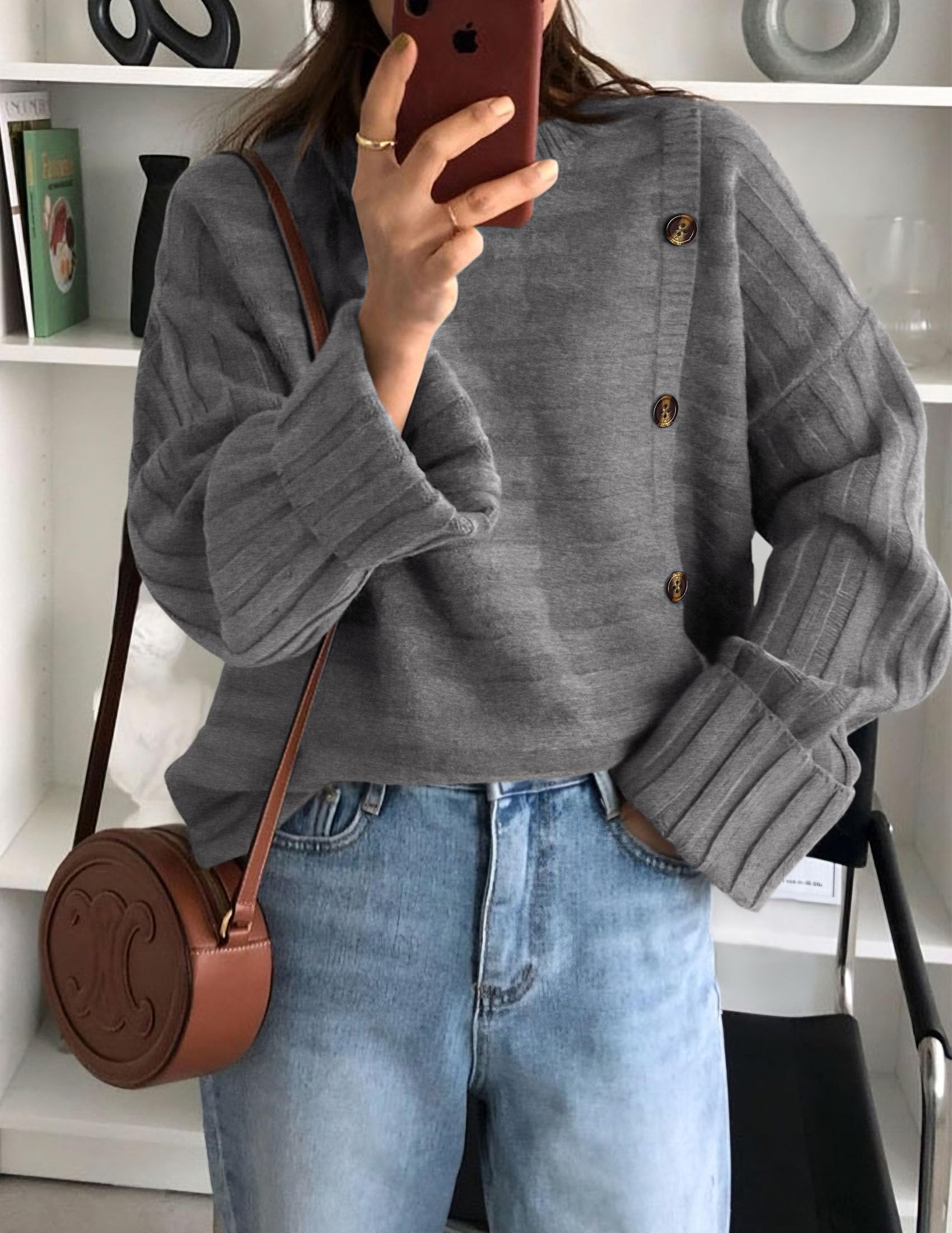 Womens Asymmetric Button Long Sleeve Sweater,Grey,S