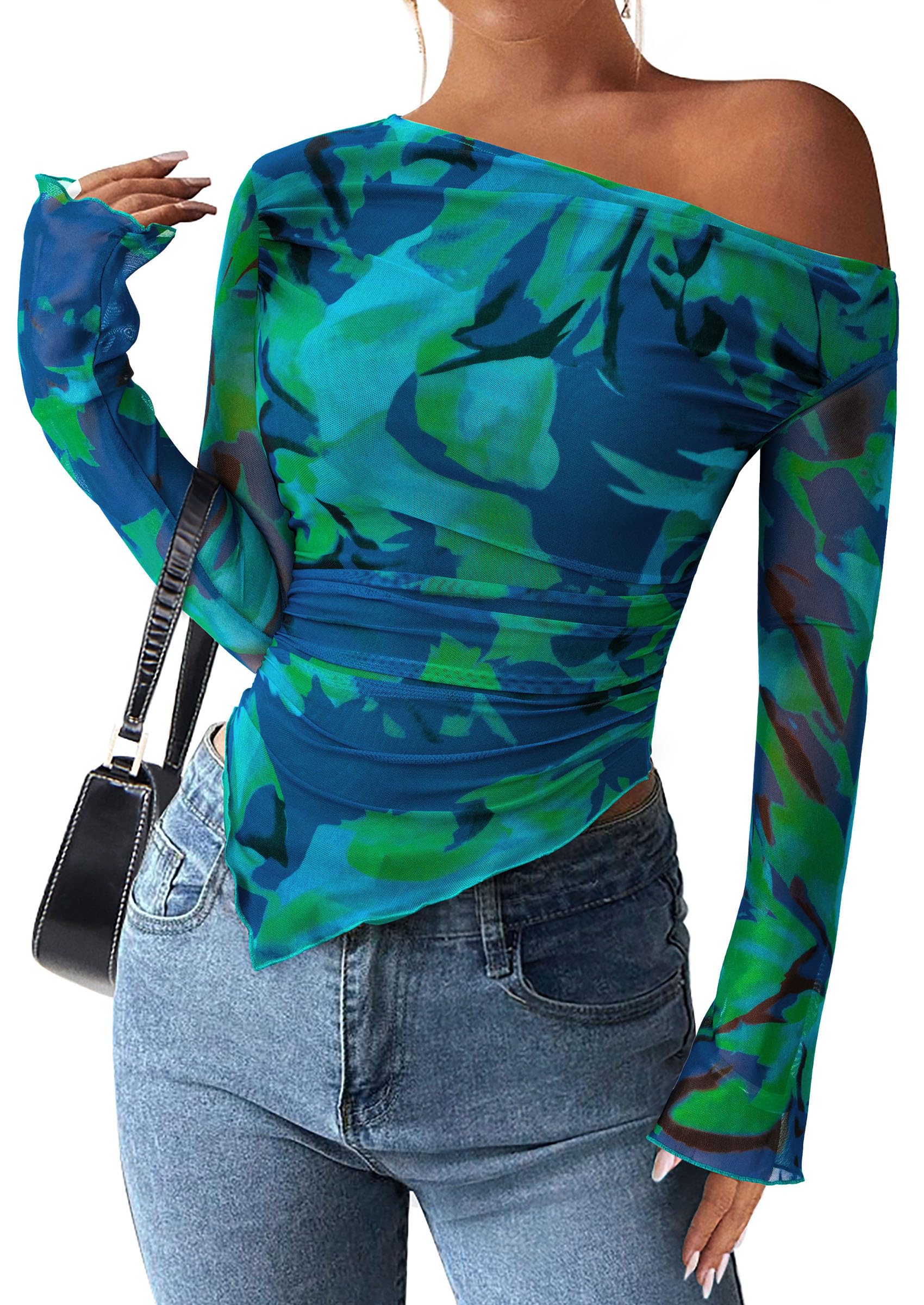 Womens Off Shoulder Mesh Y2k Tops,Floral Green,XS