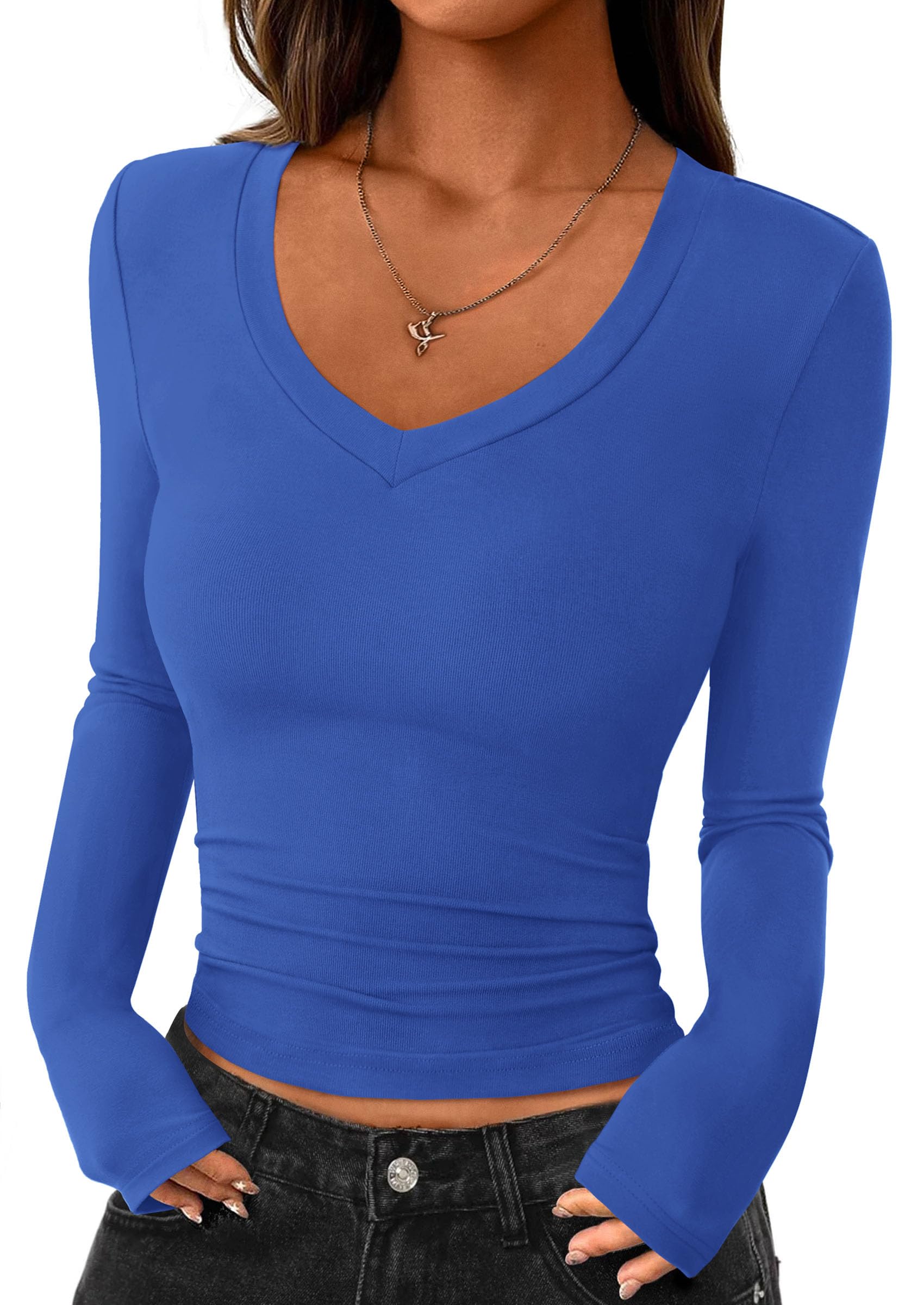 Womens Long Sleeve Slim Fit Crop Tops,Blue,XS