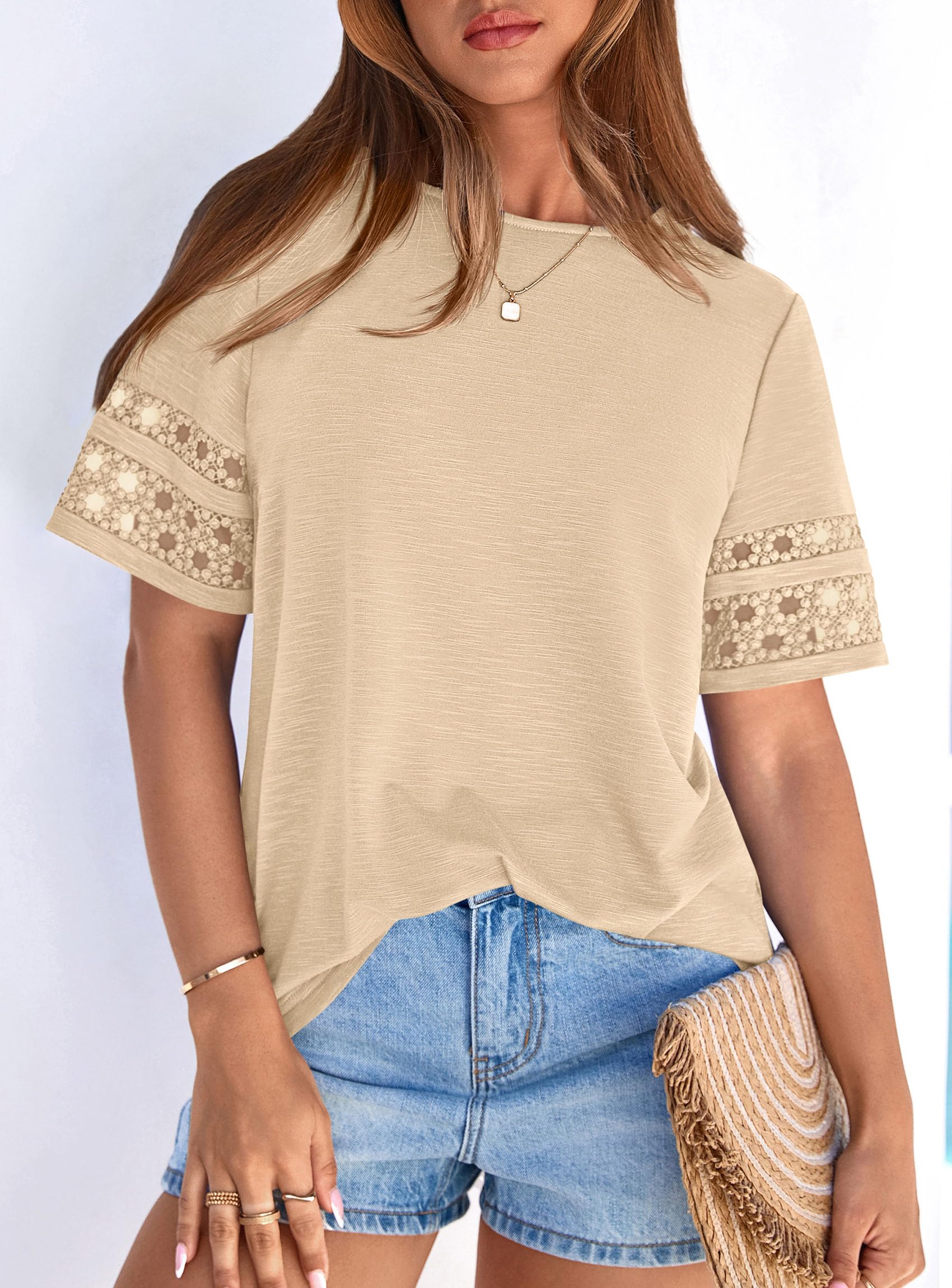 Women's Summer Short Sleeve Lace Trim T-Shirts,Beige,S