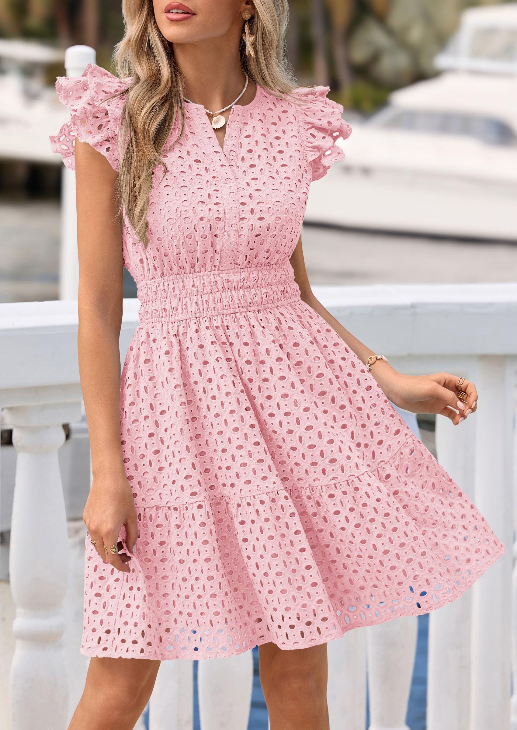 Women's Summer V Neck Eyelet Short Dress (Pink,Small)