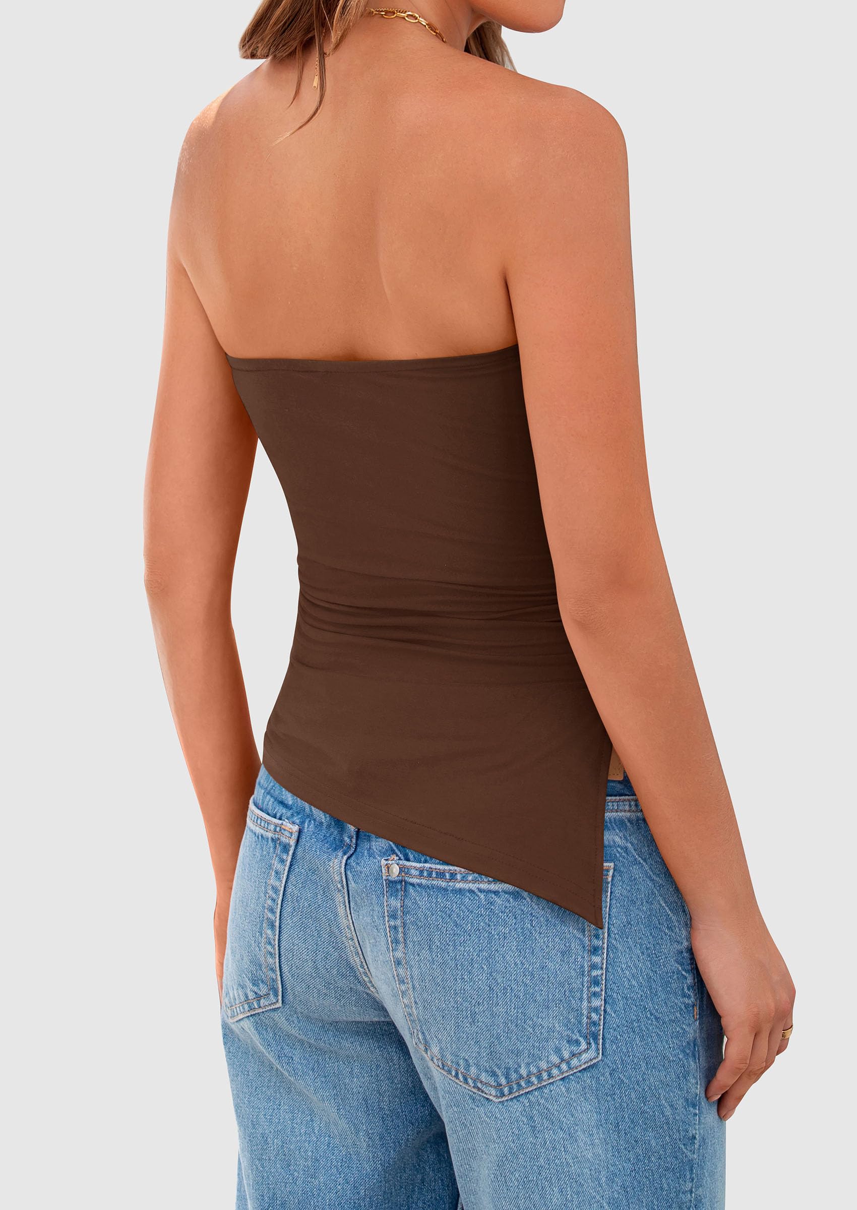 Women's Ruched Asymmetrical Strapless Tube Top, Brown,S