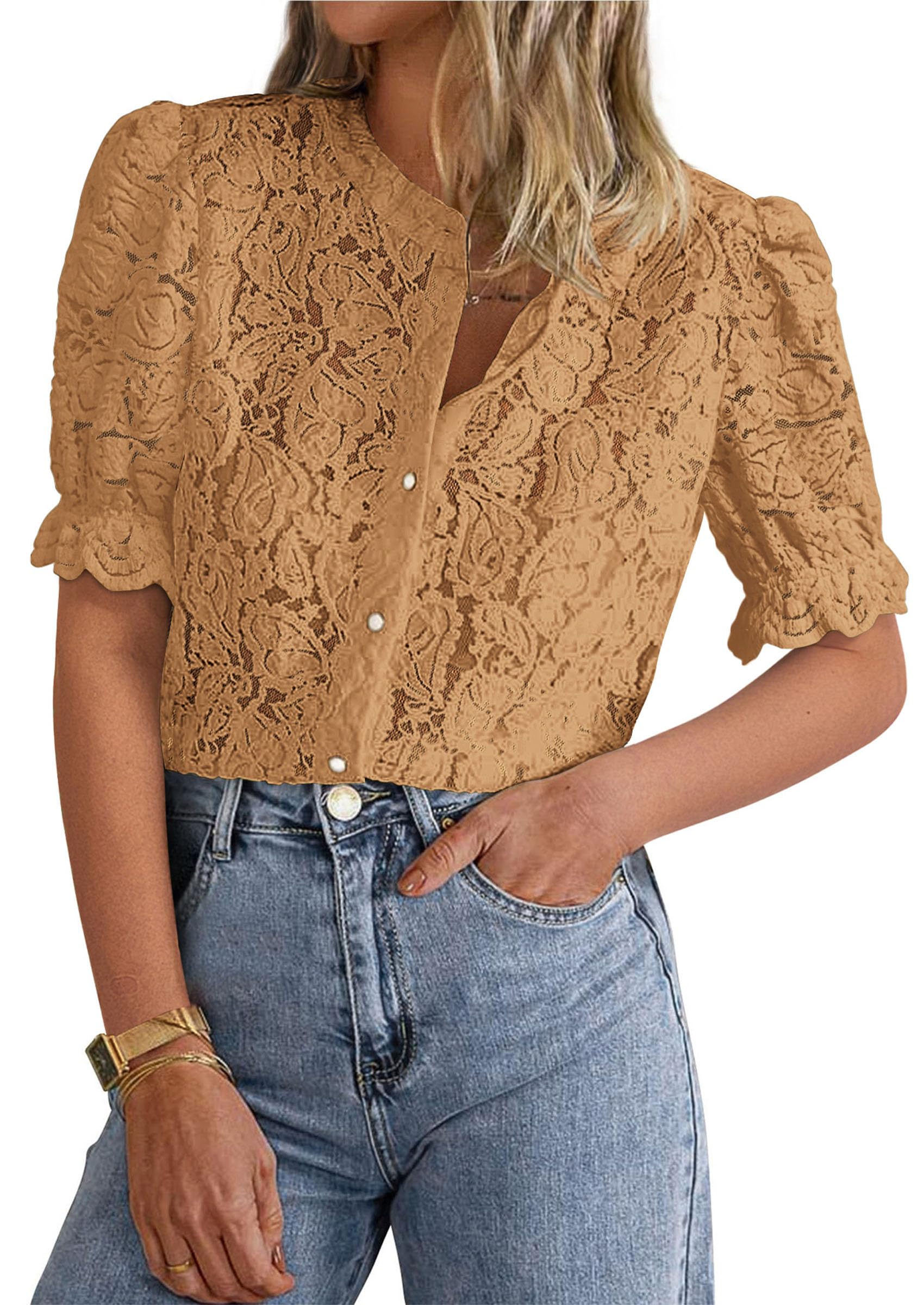 Womens Lace Tops Button Down Short Sleeve Shirts,Khaki,M