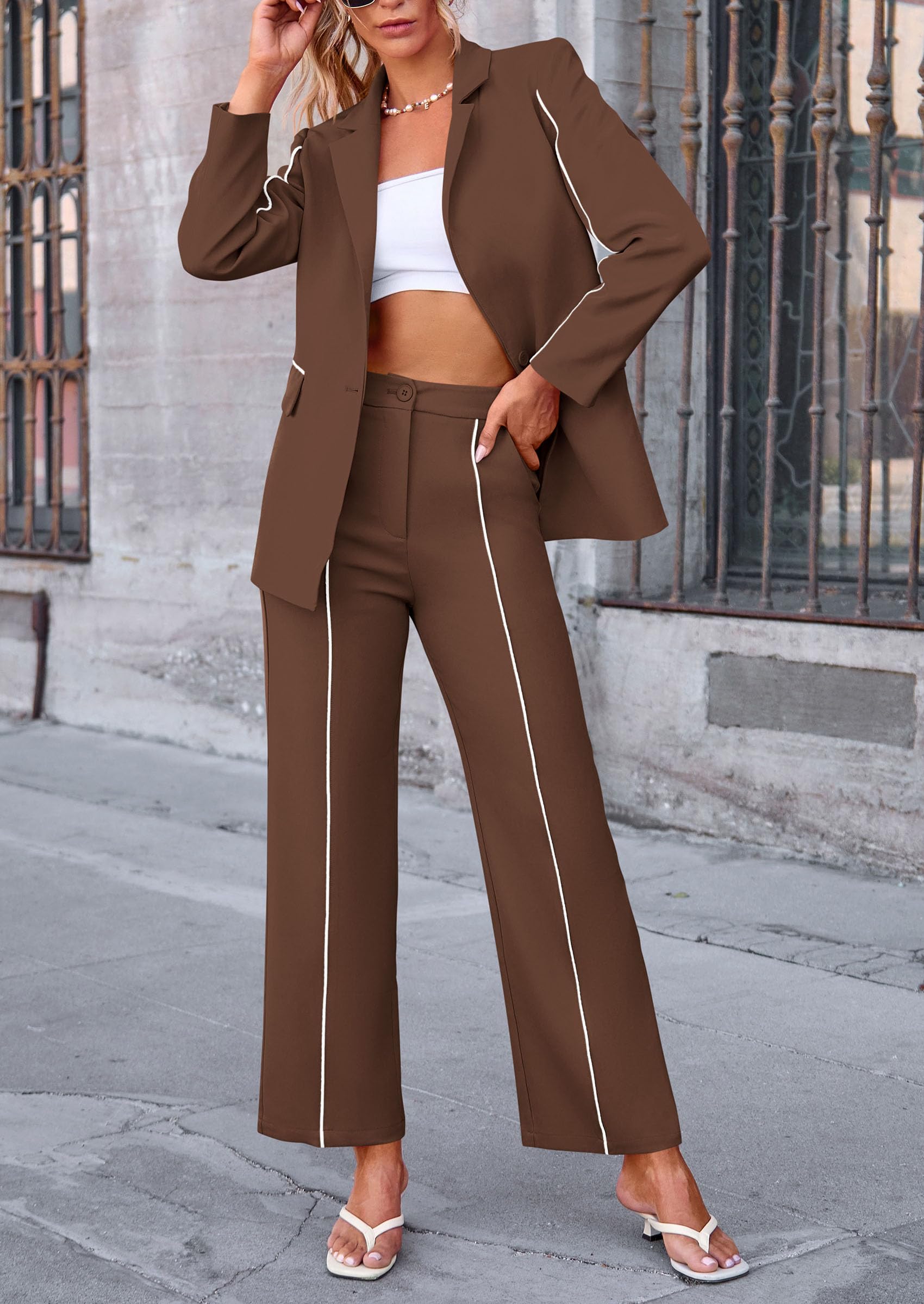 Women's 2 Piece Blazer Business Casual Outfits(Coffee,S)