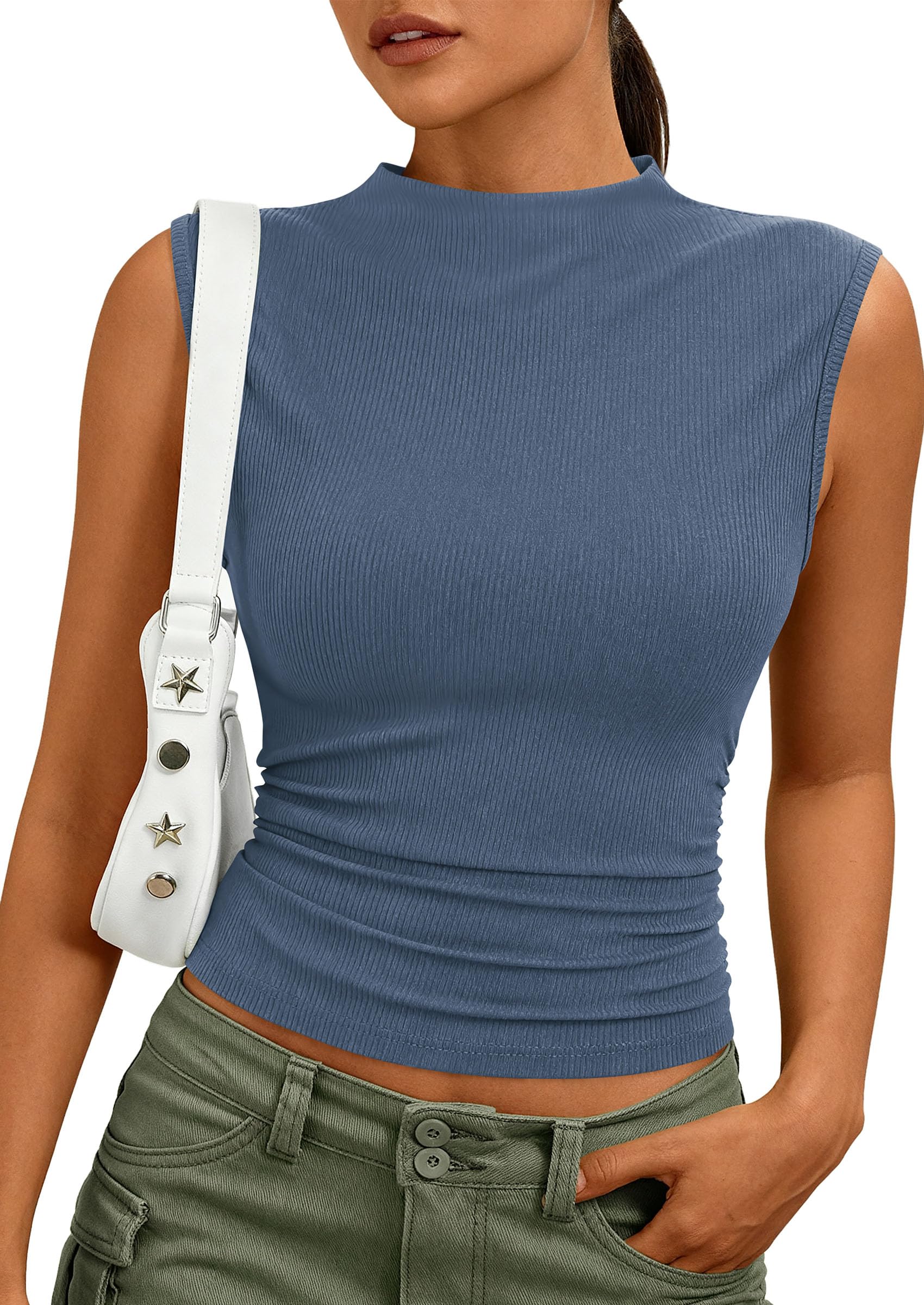 Women's Sleeveless Mock Neck Ribbed Tank Top,Dusty Blue,S