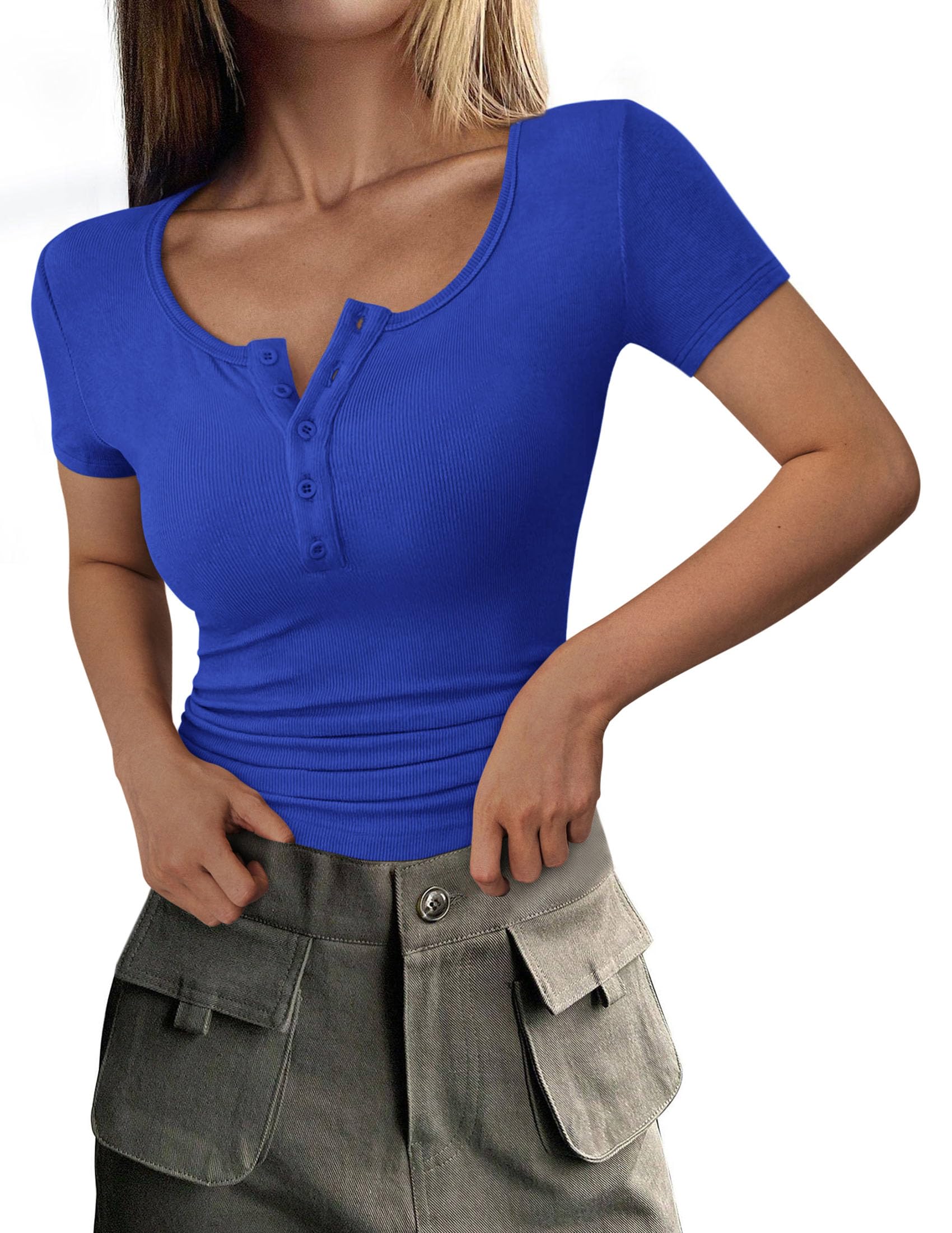 Women's Summer Tops Henley Tee Shirts (Royal Blue,Small)