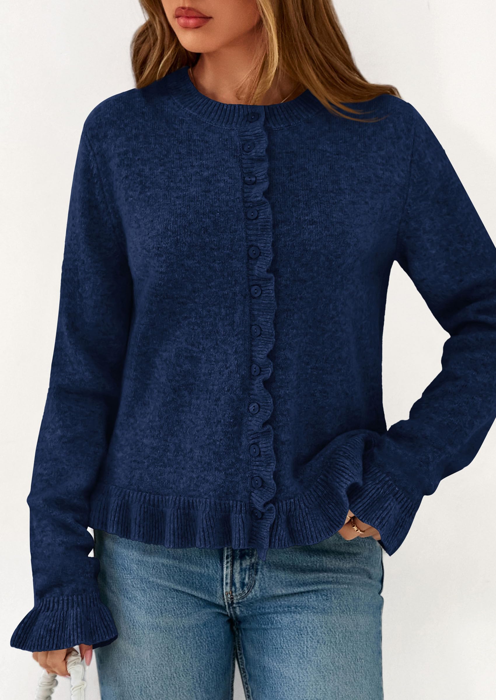 Womens Ruffle Button Down Cardigan Sweaters,Navy Blue,S