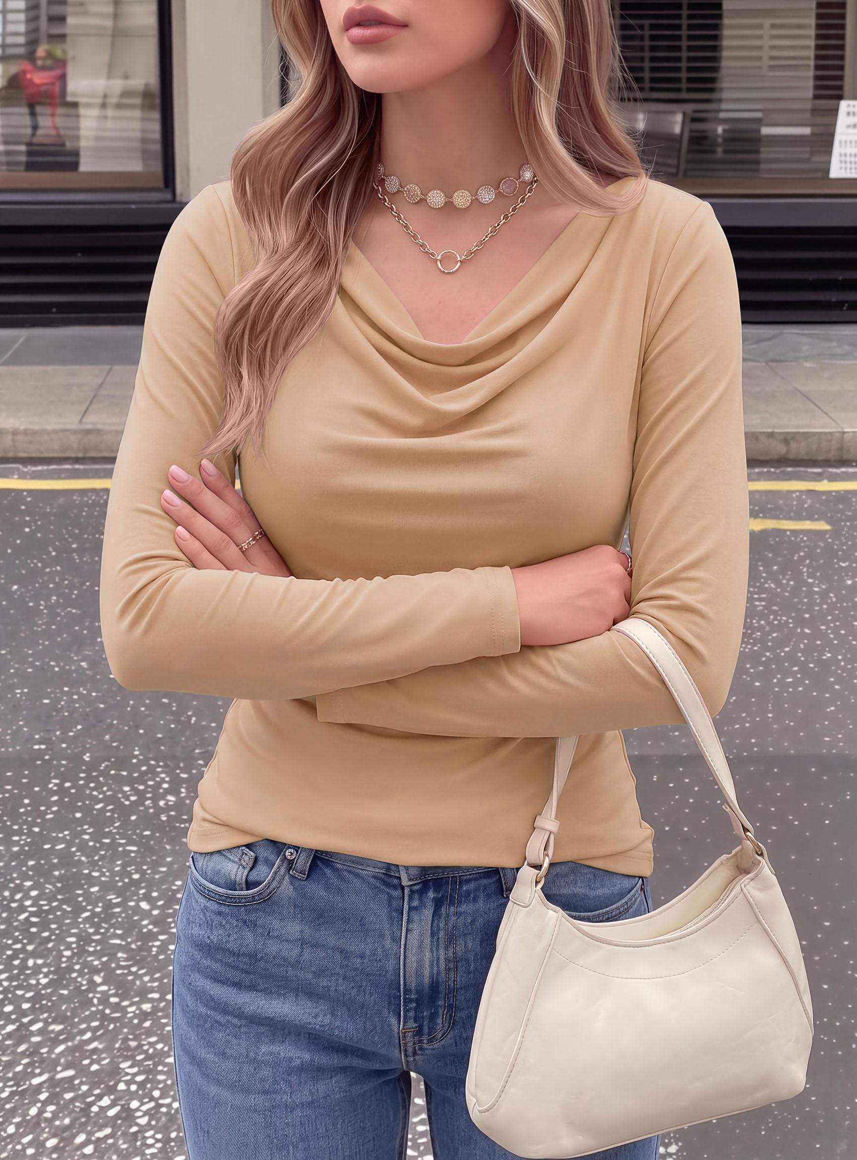 Cowl Neck Tops for Women Fashion Long Sleeve Shirt Khaki