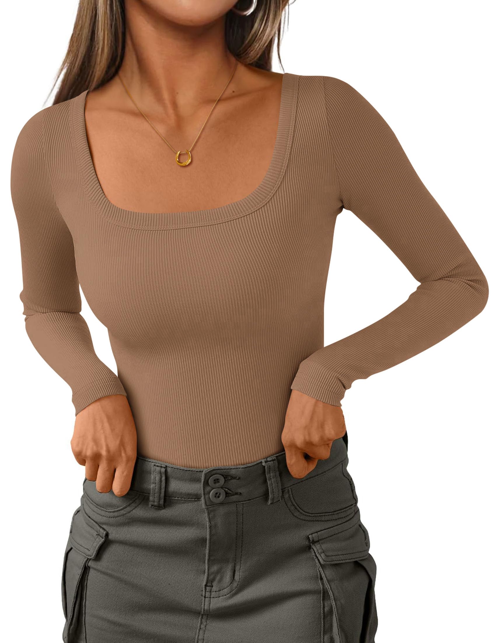 Square Neck Long Sleeve Shirts for Women Light Khaki,XS