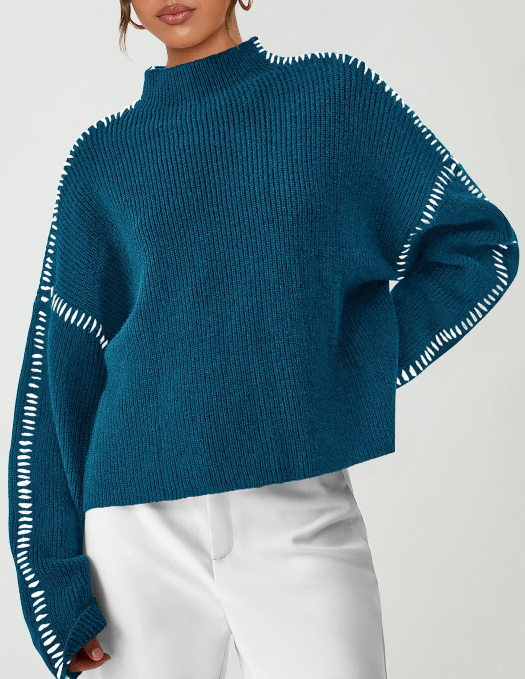 Womens Chunky Knit Oversized Pullover Sweaters,Blue Green,S
